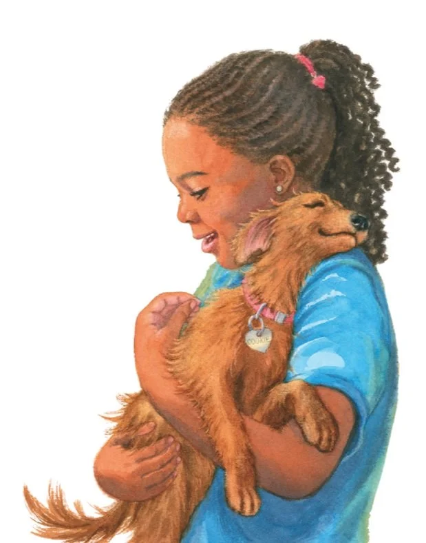 A girl with curly hair holding a happy puppy, both smiling, against a white background.