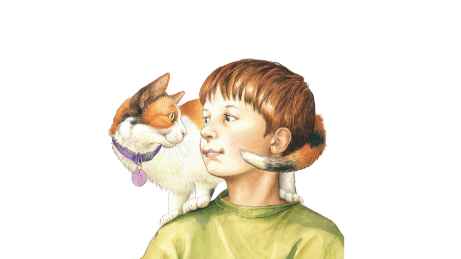 A boy with a cat on his shoulder, both looking at each other
