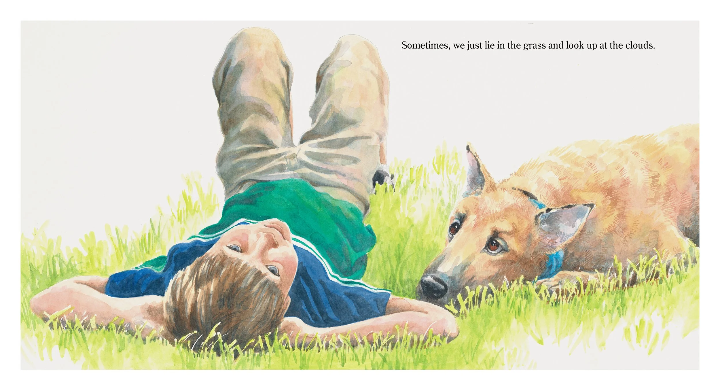 Watercolor illustration of a boy lying on grass and looking up at clouds with a dog resting nearby, grass and sky background, accompanied by the text 'Sometimes, we just lie in the grass and look up at the clouds.'