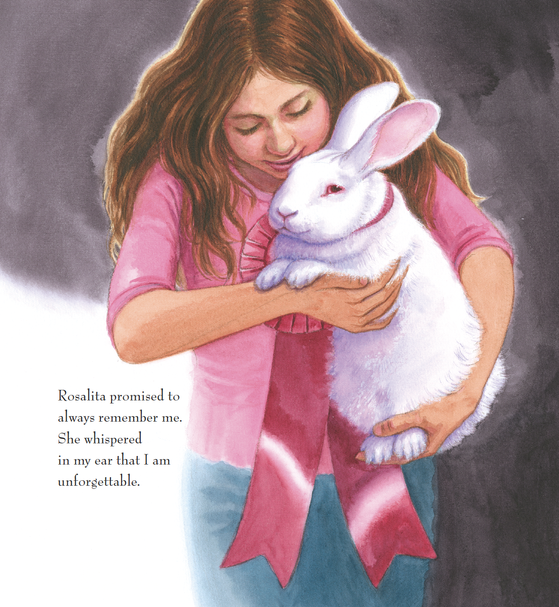 A young girl with long brown hair hugging a white rabbit with pink eyes, wearing a pink shirt and a large pink ribbon. The girl is smiling softly with her eyes closed. There is a quote on the left side that reads: "Rosalita promised to always remembe