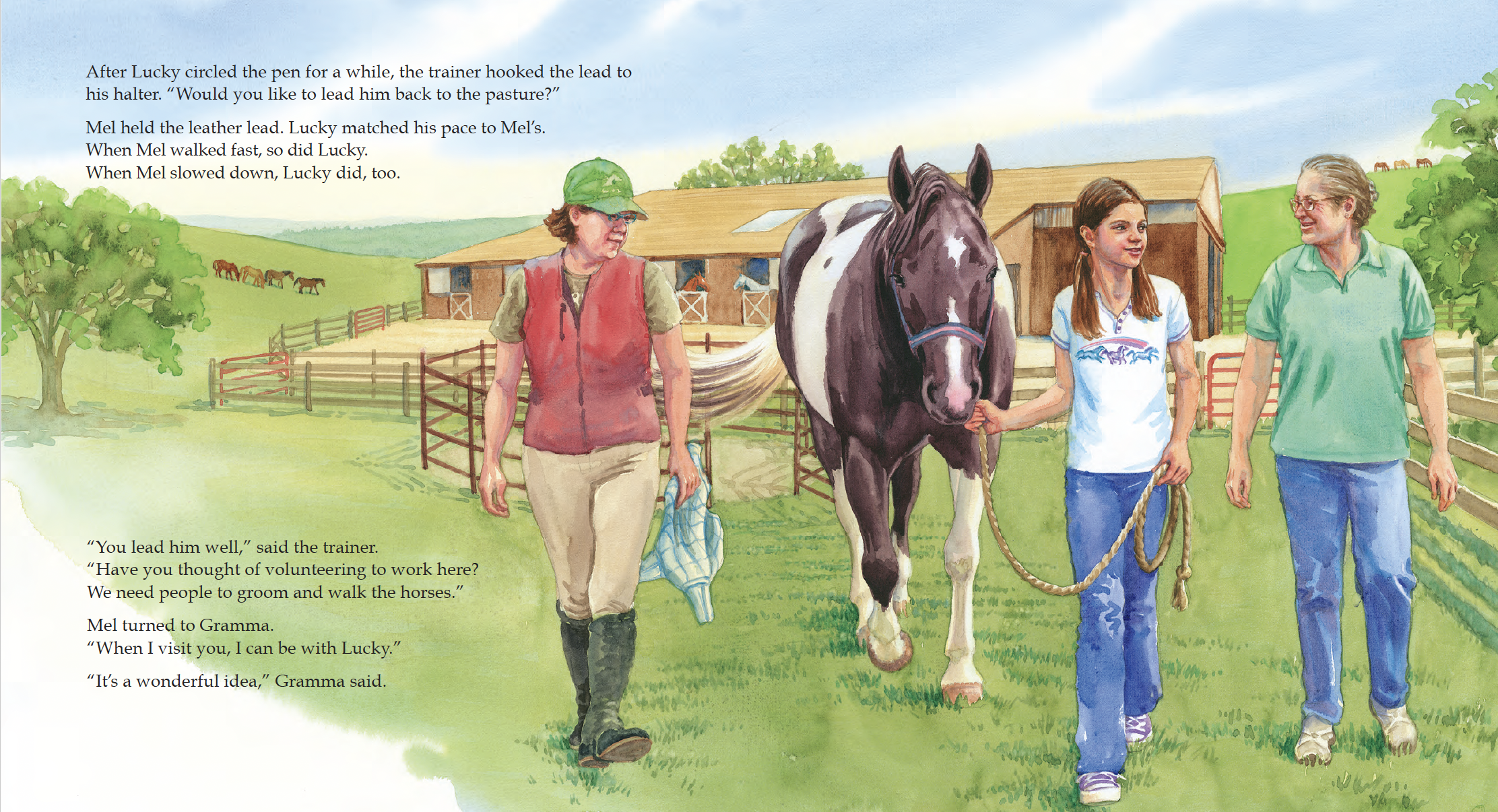 A young girl is walking a black and white horse on a green farm, accompanied by an older woman on the right and a woman trainer on the left. The background shows a barn, fences, trees, and a distant hillside with grazing horses.