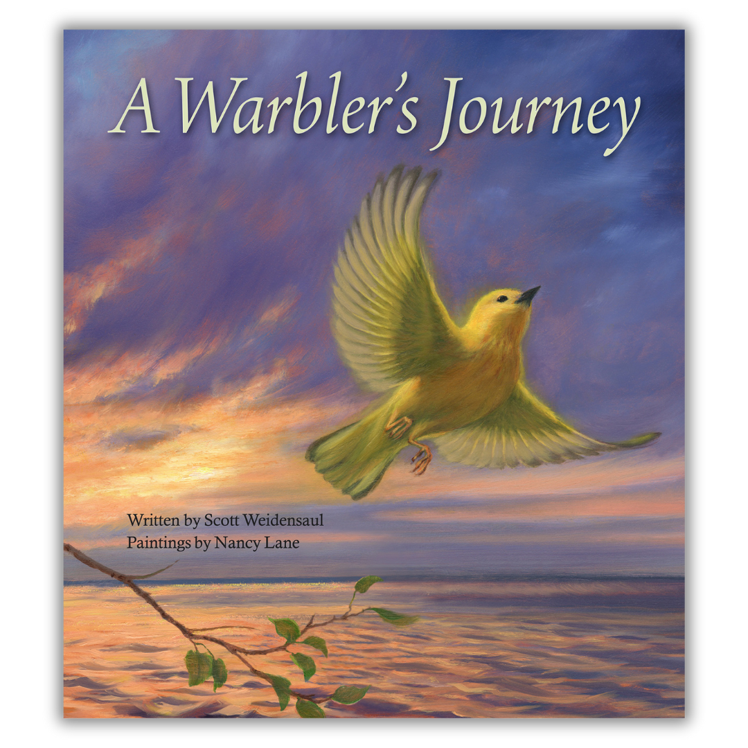 Book cover titled 'A Warbler's Journey' with an illustration of a yellow warbler flying over a body of water at sunset, with a branch with green leaves in the foreground. Written by Scott Weidensaul, paintings by Nancy Lane.