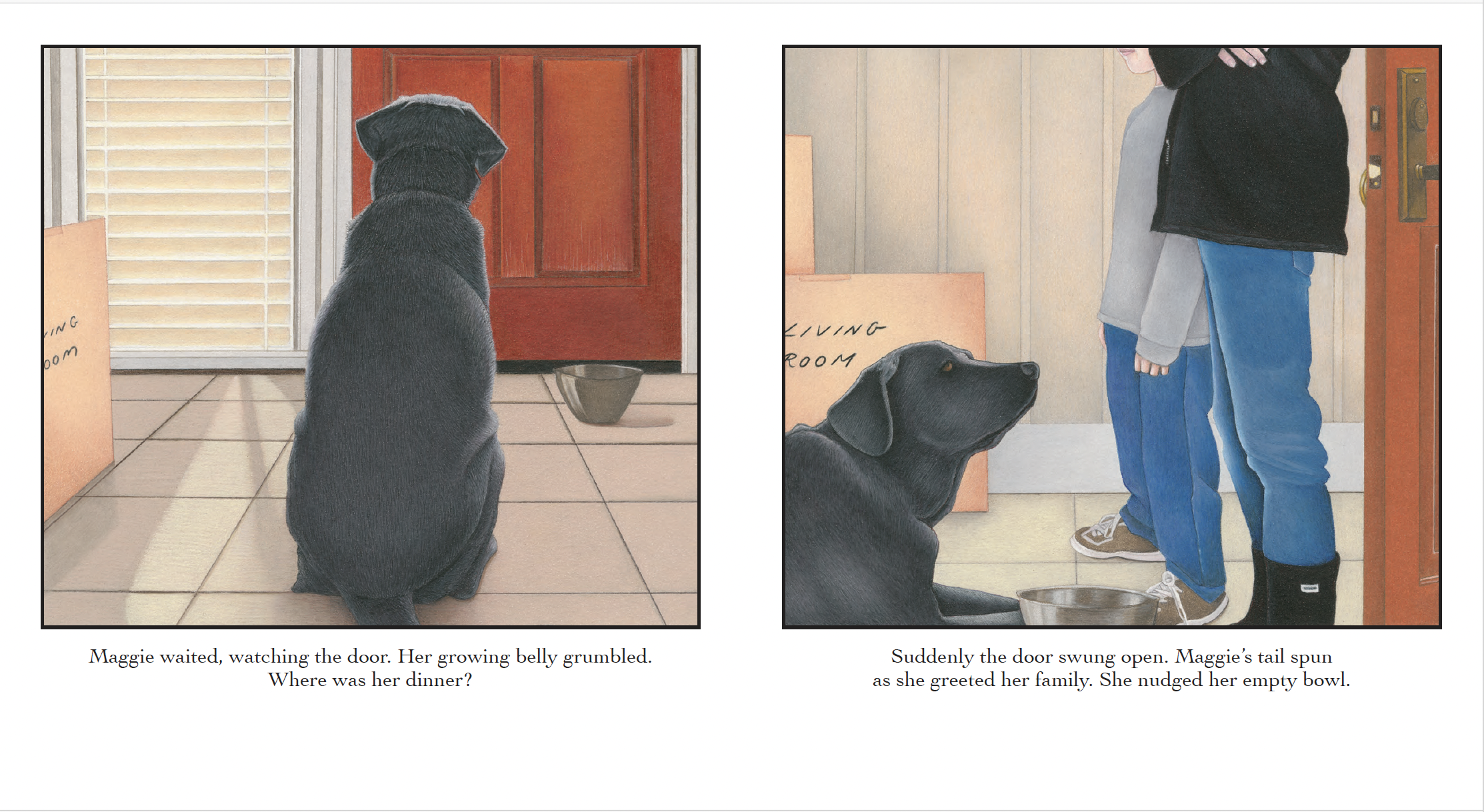 A black Labrador retriever sitting and looking at the front door, waiting for dinner with a bowl in front of her. A person is opening the door, and the dog looks up at her. The scene is set in a cozy home entryway.