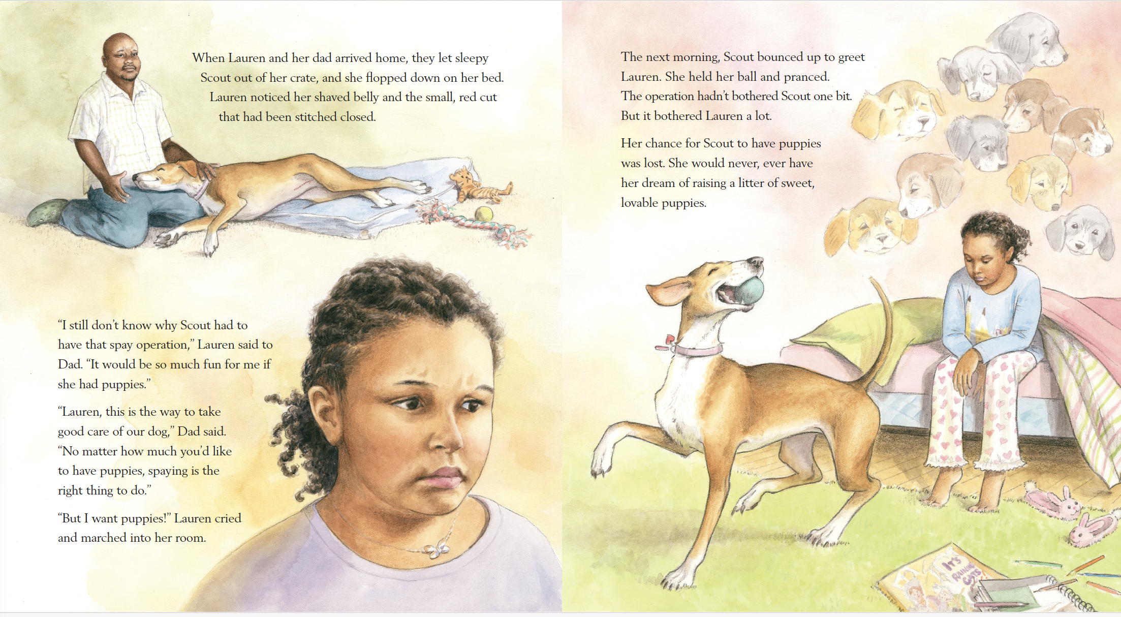 Illustration of a girl sitting on her bed with her dog playing fetch in the background, and a woman with curly hair in the foreground. A man is sitting on the floor with a dog lying beside him. In the upper right, a dog with a ball in its mouth, surr