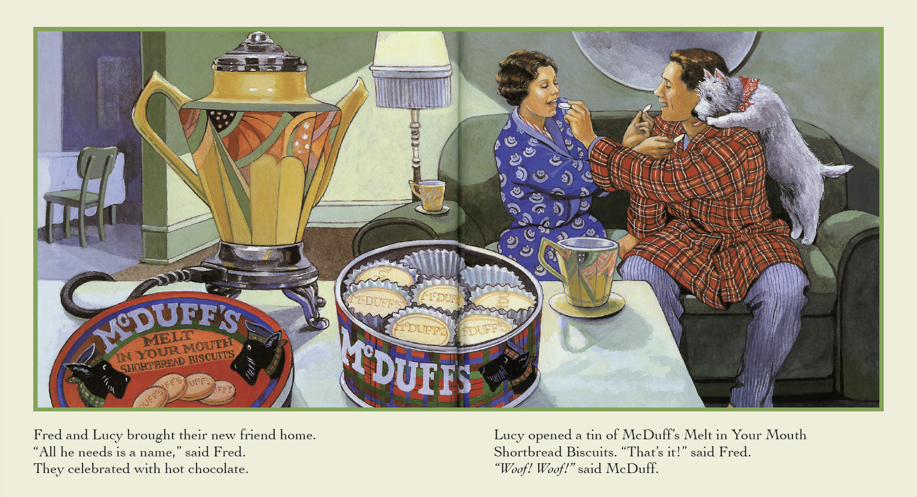 Illustration of two women and a dog sitting on a couch in a cozy room, sharing chocolates. A large tin of McDuff's Melt Shortbread Biscuits is on the table, with some biscuits inside. The women are wearing pajamas, and one woman has a small dog on he