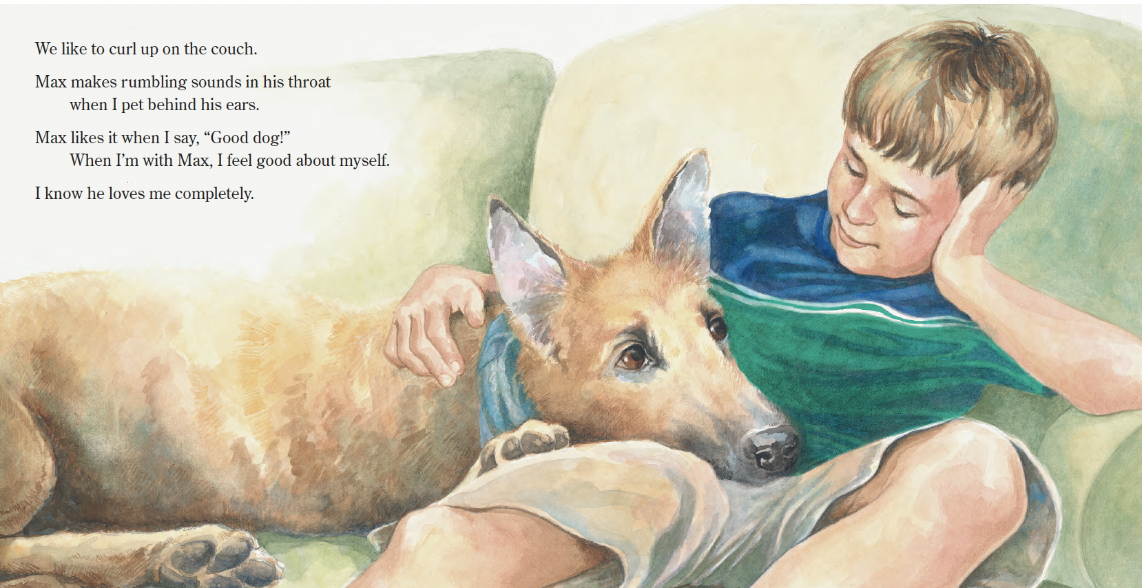 A young boy with brown hair lying on a green couch with his arm around a sleeping dog, which has tan fur and is wearing a blue bandana. The boy is resting with his eyes closed and one hand on his temple.
