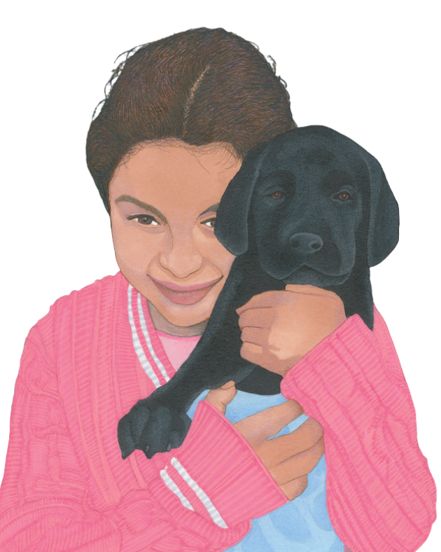 Illustration of a woman with short brown hair hugging a black Labrador puppy, both smiling.