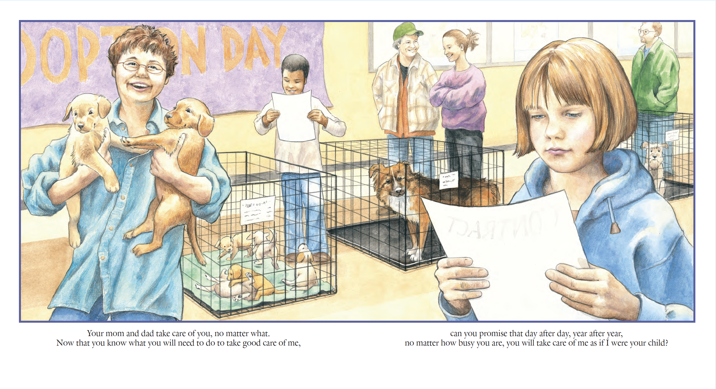 Children and adults at an adoption event with dogs and puppies in cages, a woman holding two puppies, and a girl reading a paper, during 'Adoption Day'