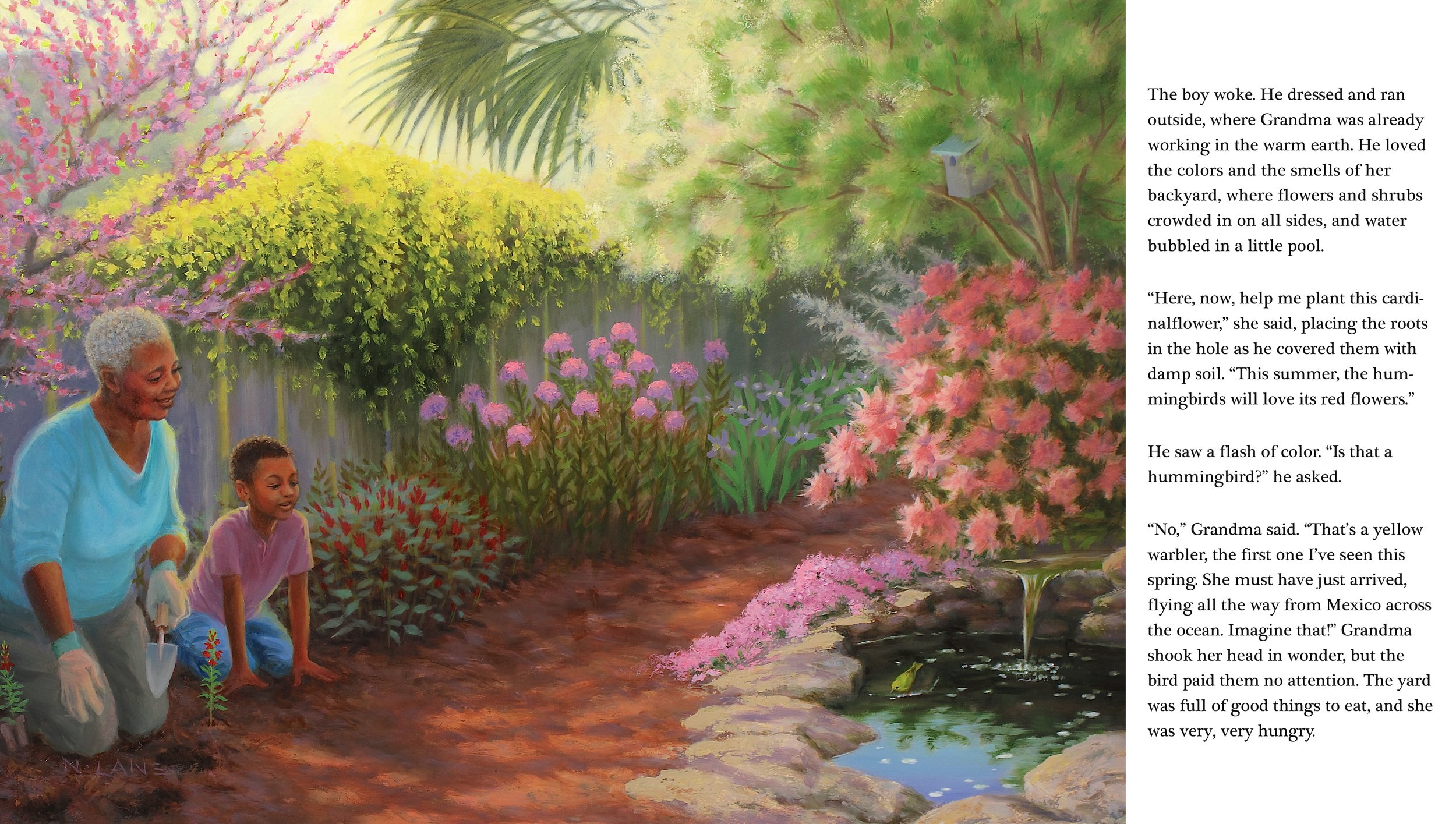 An elderly woman with gray curly hair and a young girl planting flowers in a garden next to a pond with pink flowers and trees.