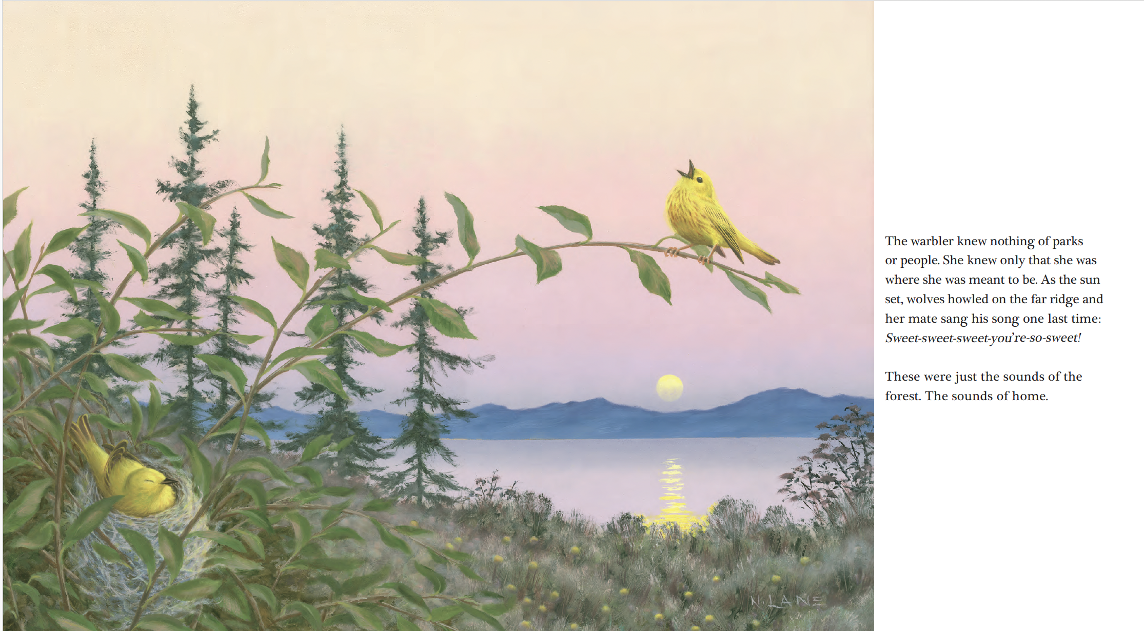 A peaceful landscape featuring a sunset over a lake with mountains in the background, tall pine trees, green shrubs, and a small yellow warbler perched on a branch in the foreground.