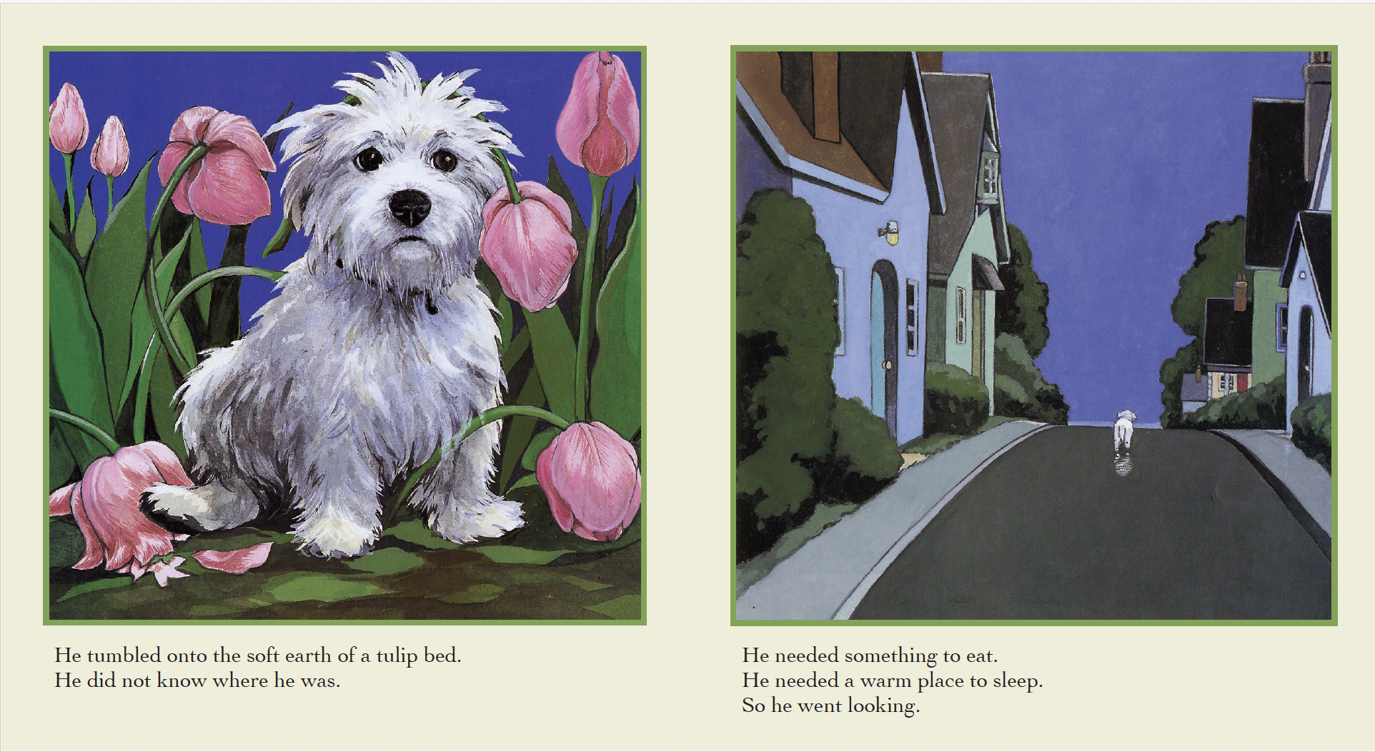 A white fluffy dog sitting among pink tulips on a purple background; a street scene at night with a dog walking away in front of houses and trees.