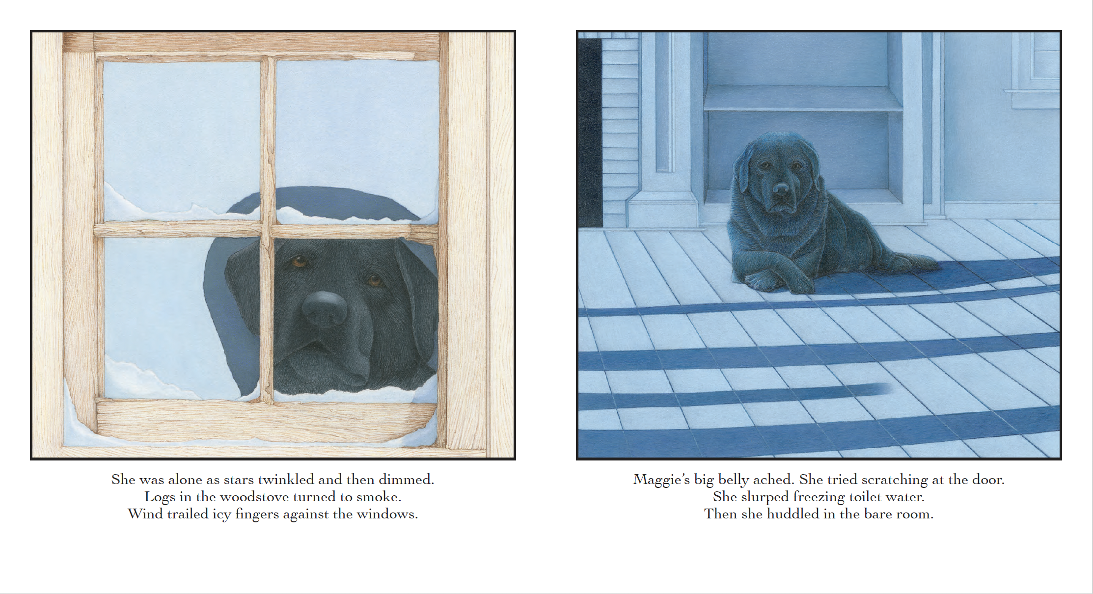 Two illustrations of a sad black Labrador dog. The left shows the dog peering through a broken window with snow outside, and the right depicts the dog lying on a porch in front of a door, with a blue-toned background. The accompanying text tells of t