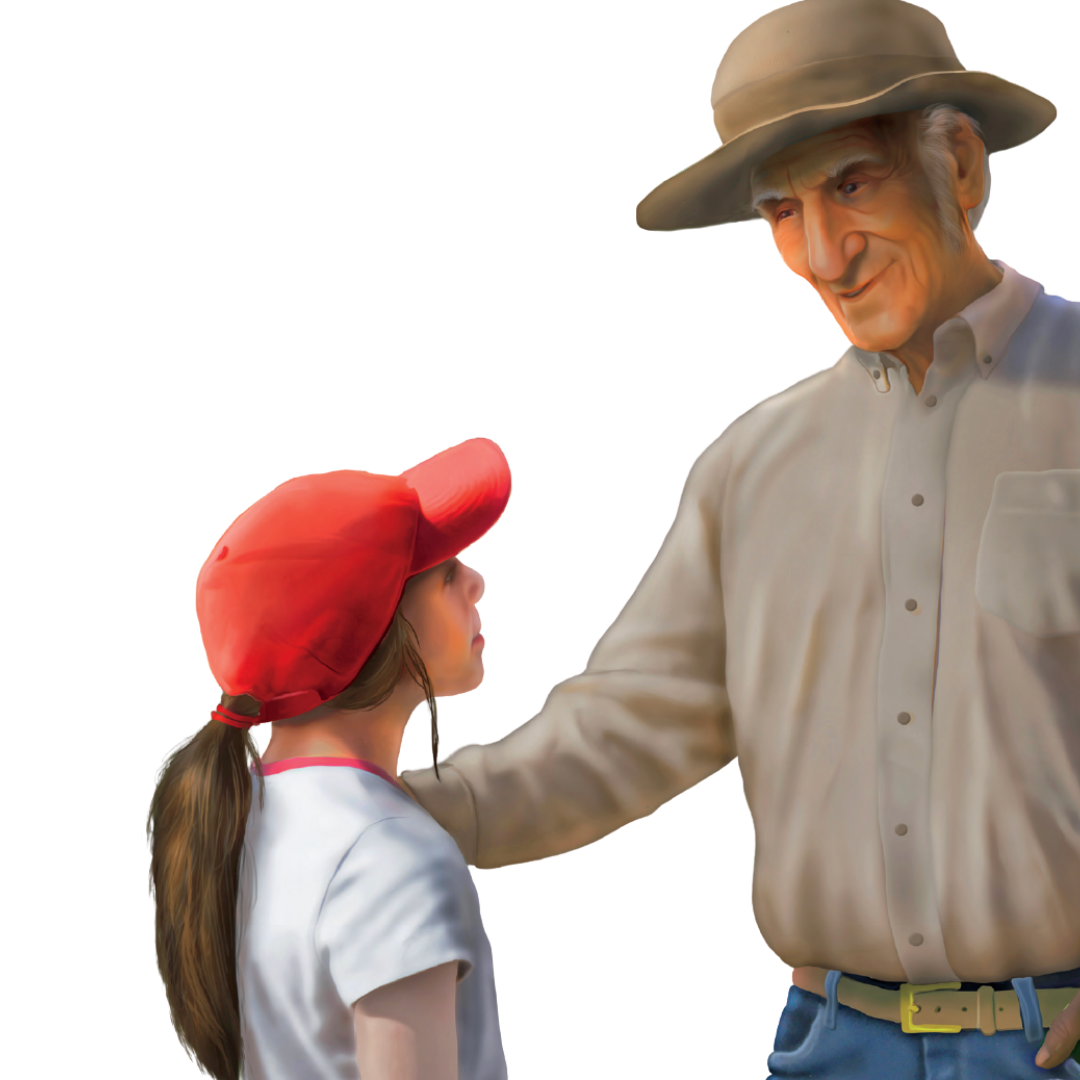 An elderly man with gray hair wearing a beige hat, beige shirt, and jeans, smiling and talking to a young girl with long brown hair wearing a red cap and a white t-shirt, outdoors.
