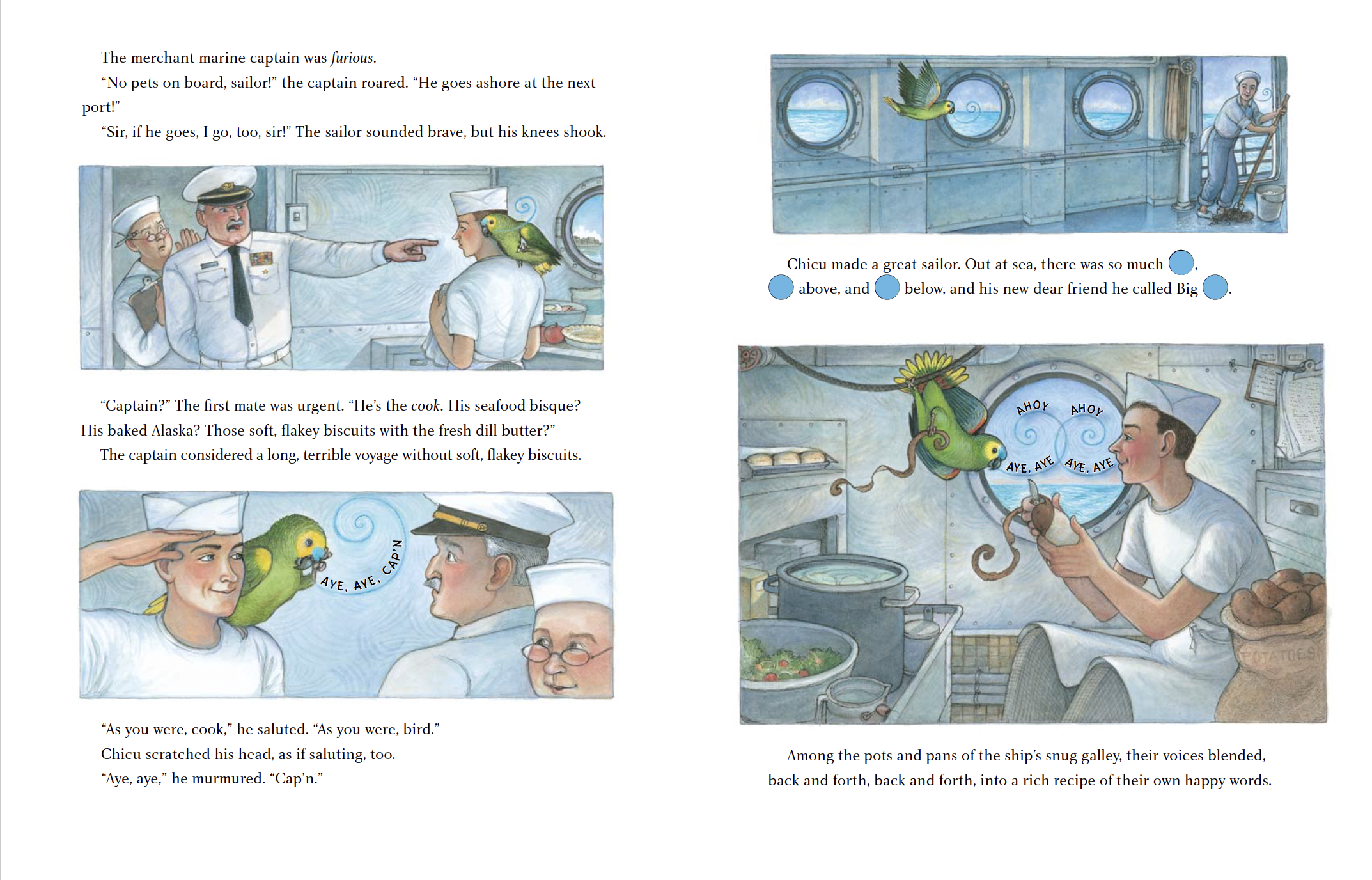 Illustration of sailors on a ship's bridge and in the galley with a parrot, depicting a lively maritime scene with cheerful interactions and crew members cooking.