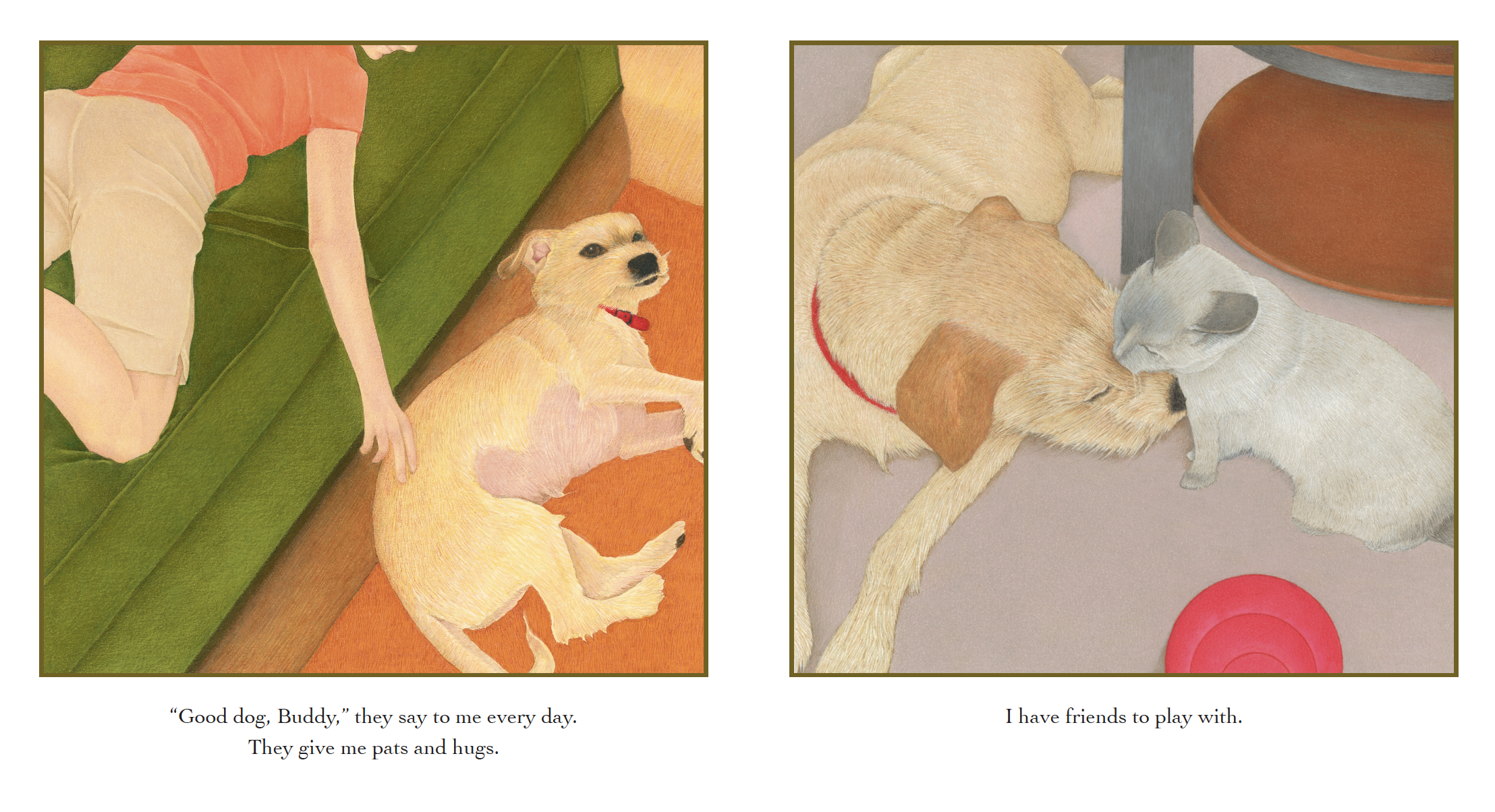 Illustration of two scenes with dogs and a cat. On the left, a person is lying on the floor petting a golden retriever puppy. On the right, two adult dogs are lying on the floor, one licking the other, with a gray cat sitting nearby. The scene emphas
