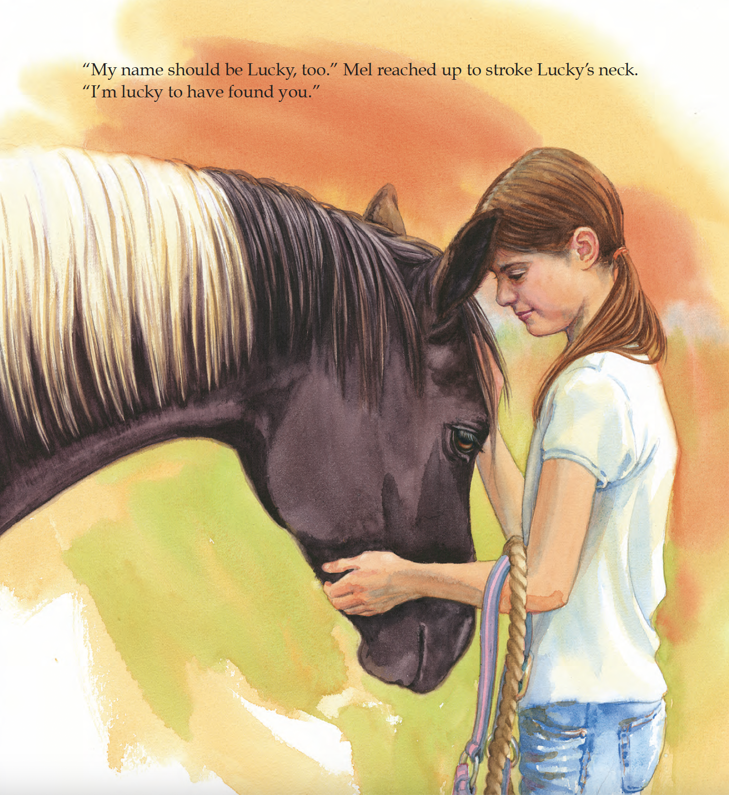 An illustrated scene of a girl with long brown hair, wearing a white t-shirt and blue jeans, gently touching the face of a black horse with a blonde mane. The background depicts a warm, orange sky with soft clouds.