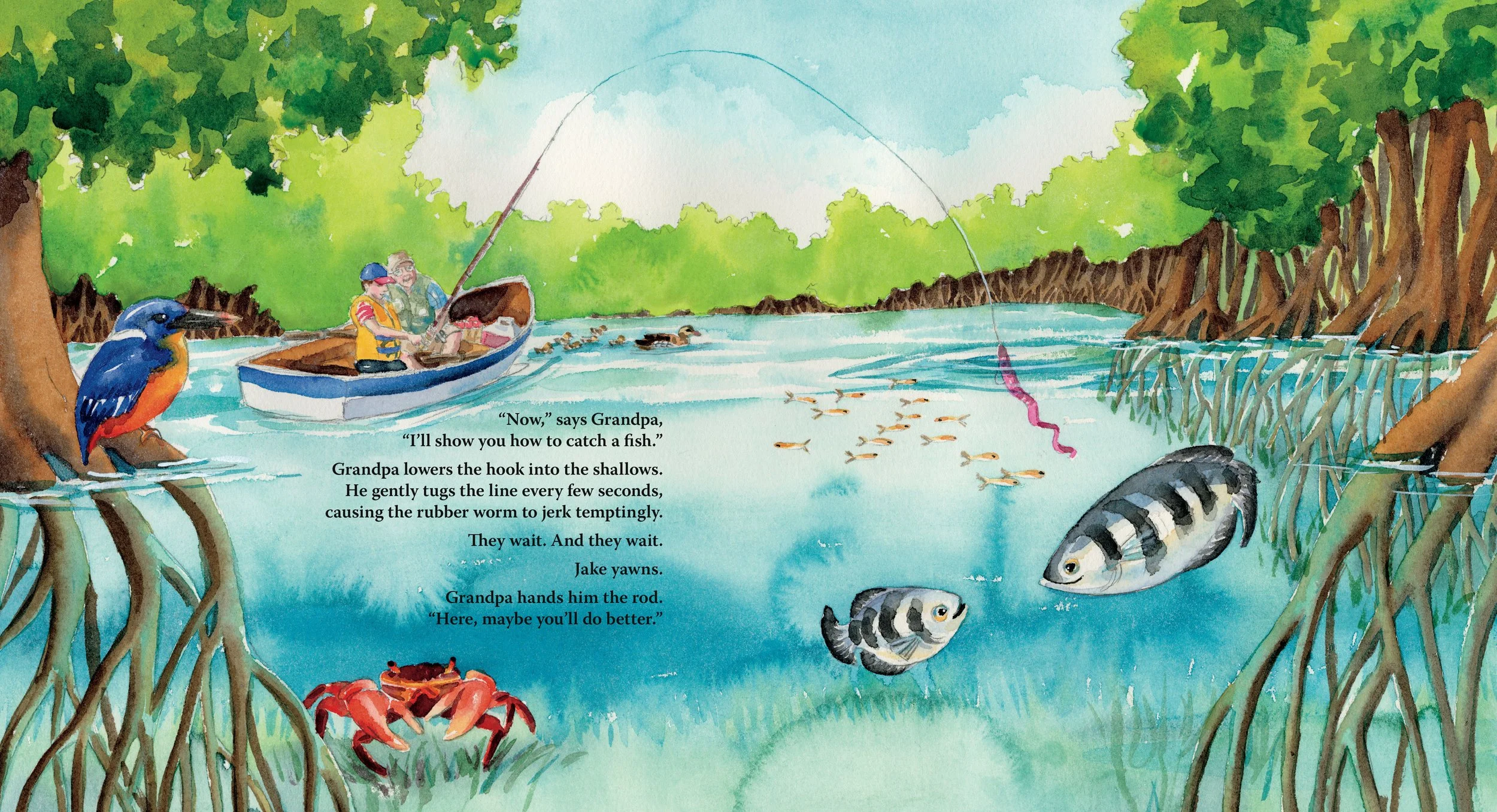 Children and an adult fishing from a boat in a river surrounded by mangroves, with a bird perched on a mangrove root and a crab on the riverbank, and fish swimming in the water.