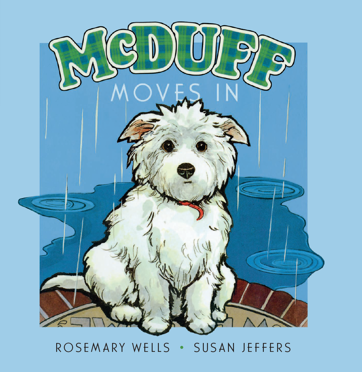 Book cover titled "McDuff Moves In" featuring an illustration of a white dog with a red collar sitting on a circular brick platform with water and rain falling around it.