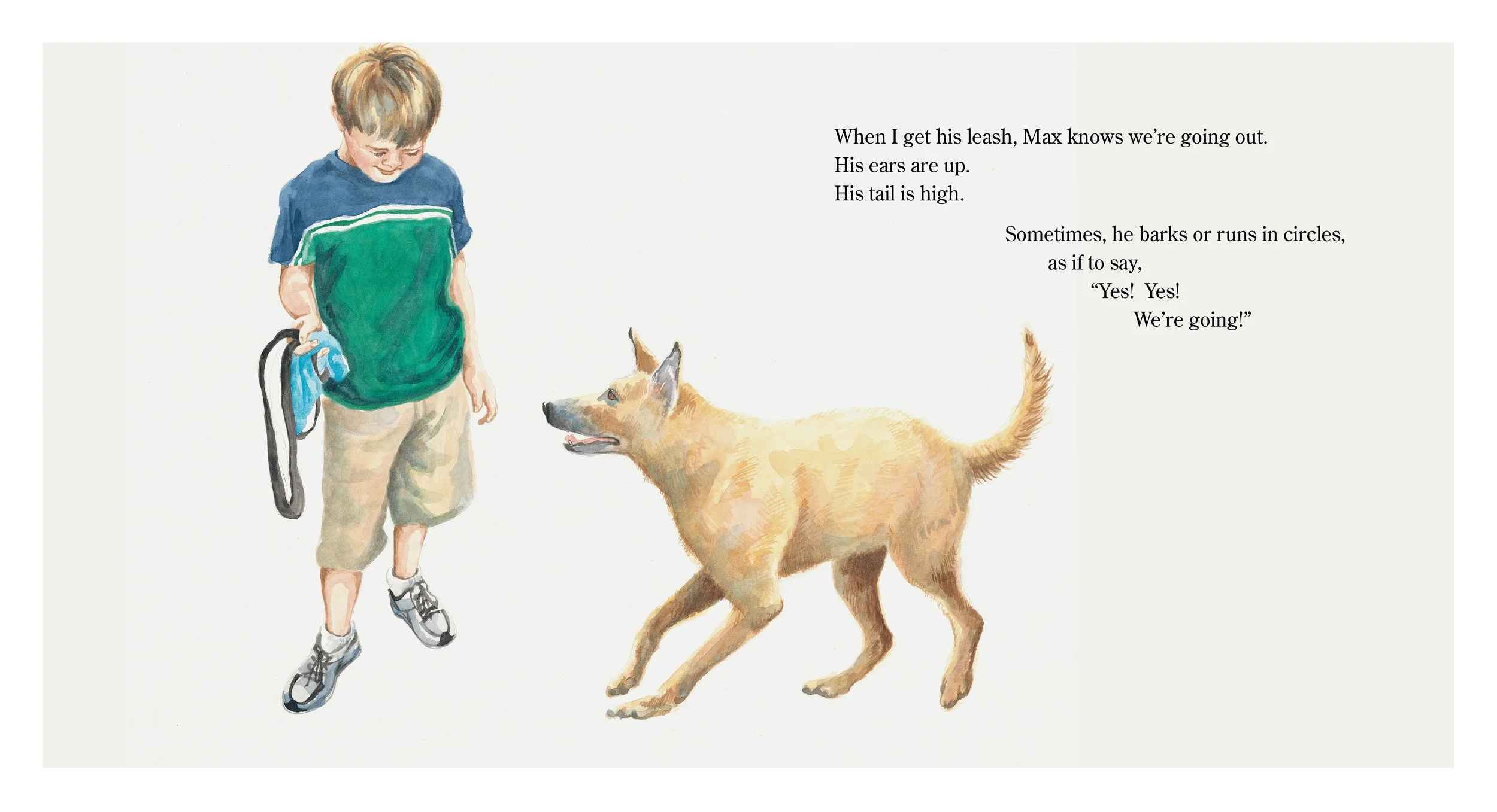 A young boy walking a dog on a leash, with a poem about a dog named Max beside the illustration.