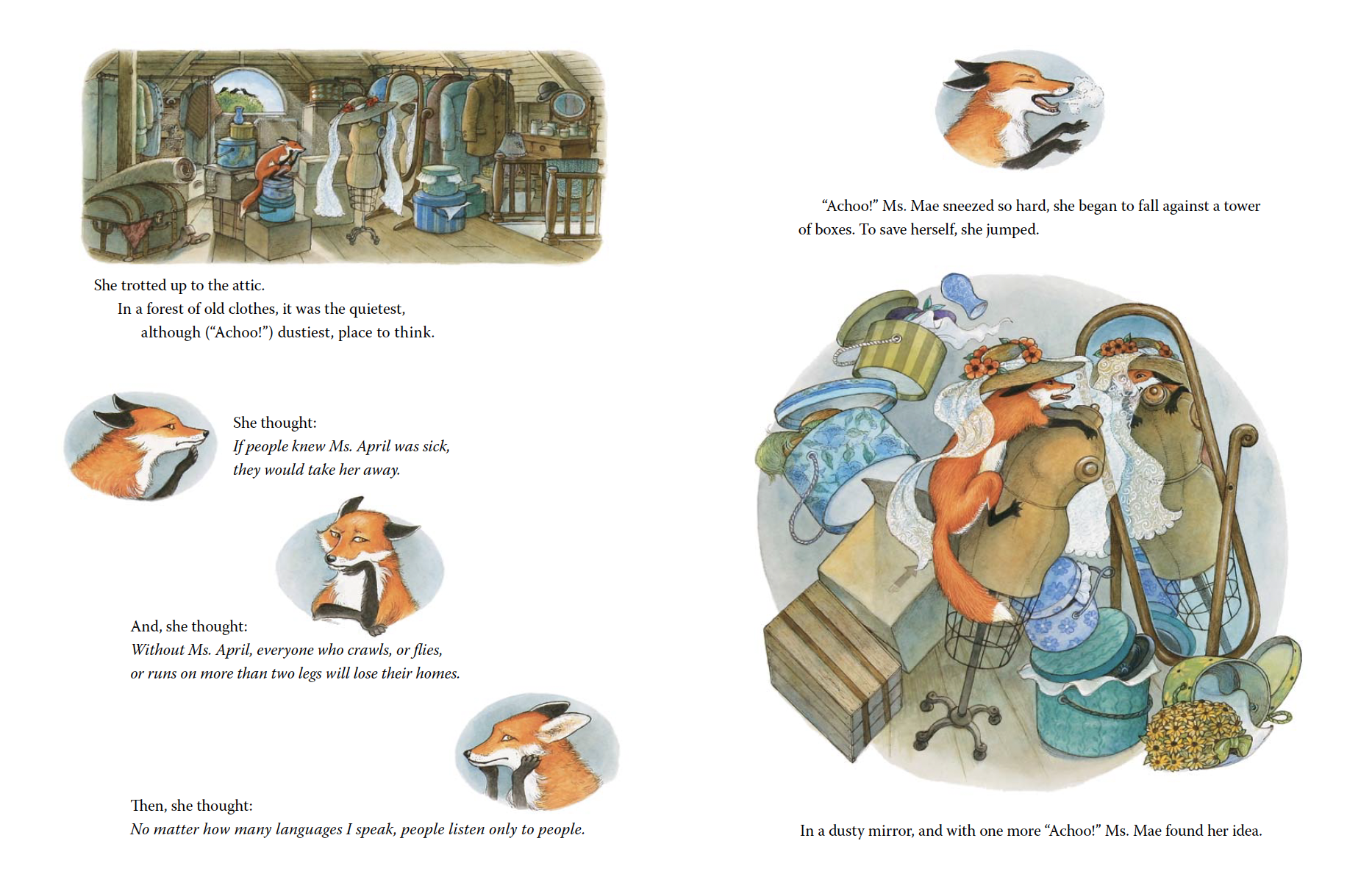 Illustration of a cluttered attic with foxes surrounded by boxes and clothing, two foxes looking into a dusty mirror, one with a floral hat, with text about Ms. Mae sneezing and her thoughts on how people listen.