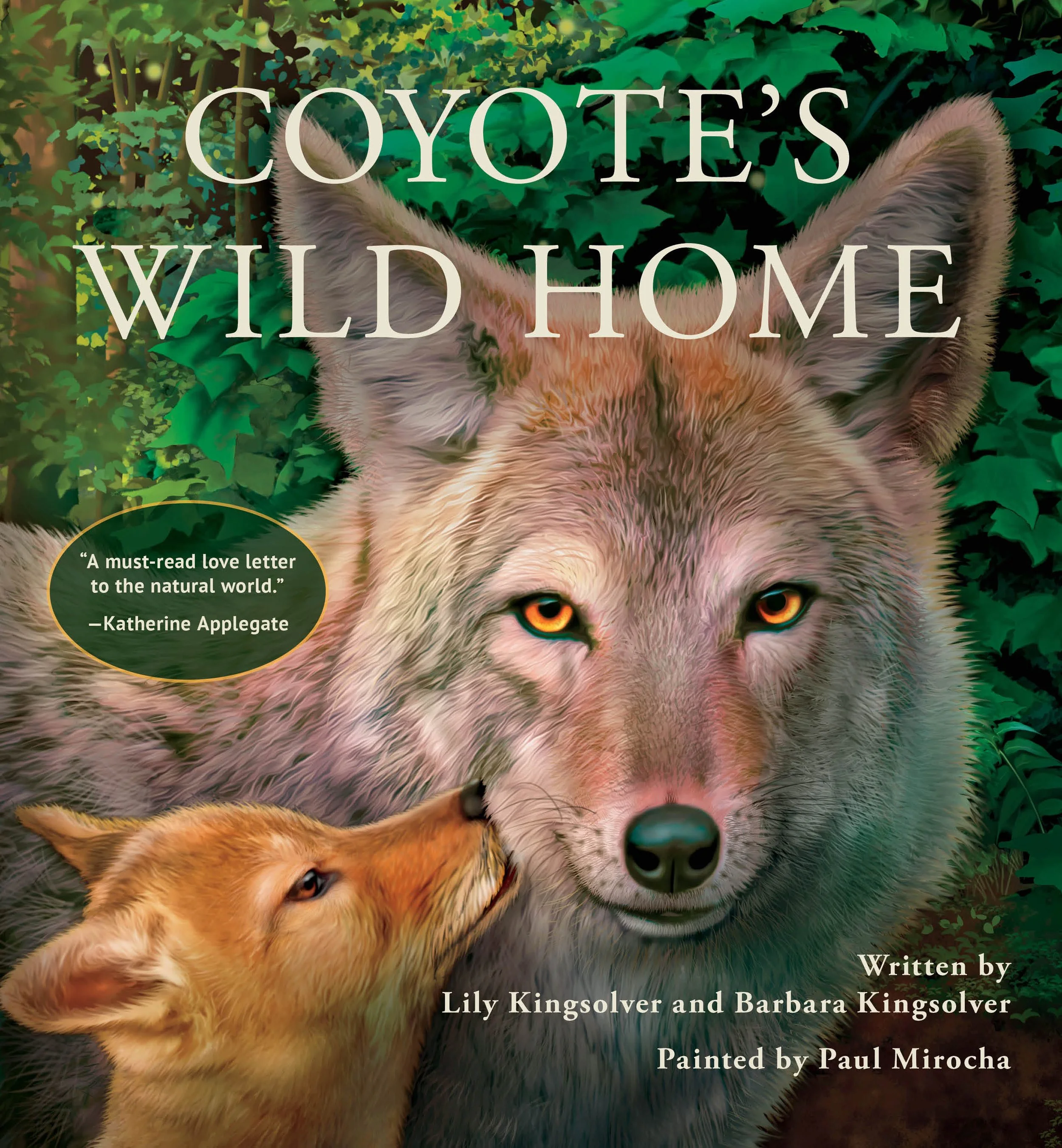 Book cover titled "Coyote's Wild Home" featuring an illustrated coyote and fox in a green forest background.