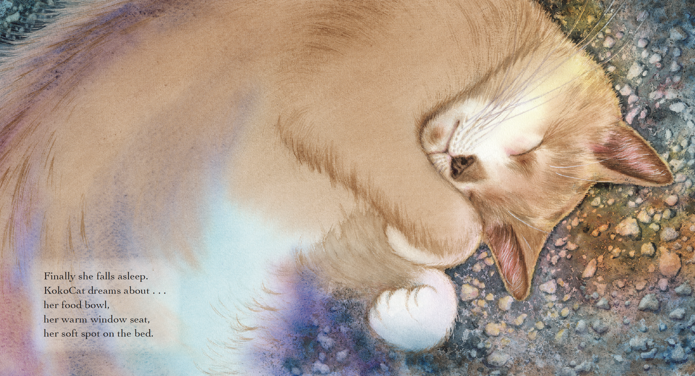 A sleeping ginger cat curled up on a gravel surface with a soft, pastel-colored artistic filter. There is a poem in the lower left corner that reads: "Finally she falls asleep. KokoCat dreams about her food bowl, her warm window seat, her soft spot o
