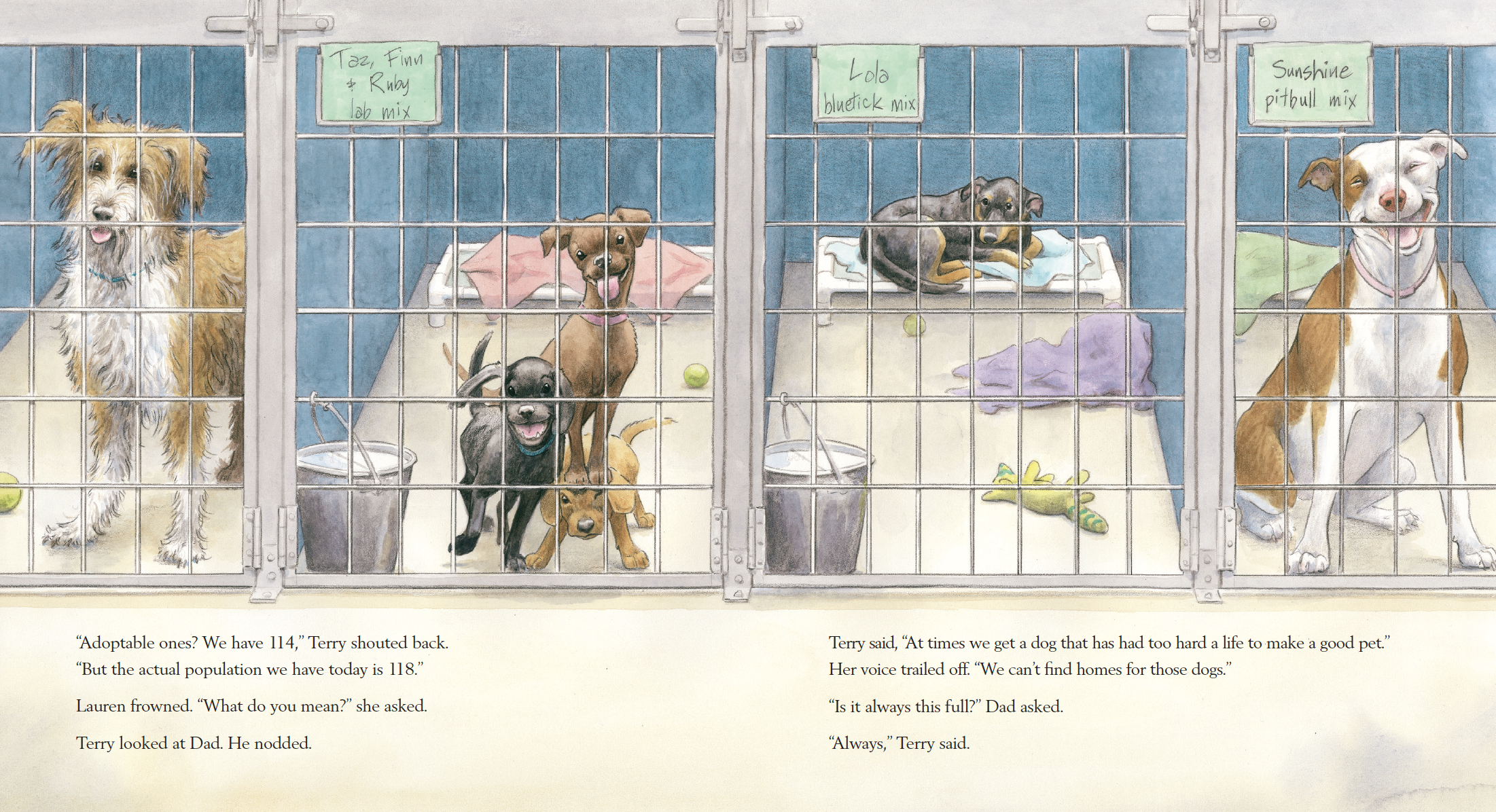 Illustration of four dogs in separate kennels, with handwritten signs above each kennel indicating their names and breed mixes, and a conversation between people about dog adoption written below.