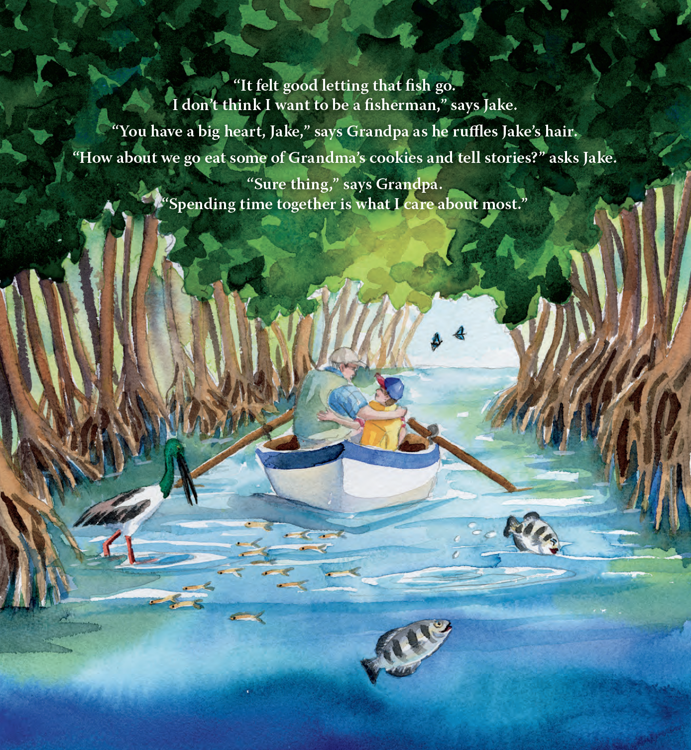 Watercolor illustration of an elderly man and a young boy in a small boat paddling through a narrow waterway surrounded by mangrove trees, with birds flying overhead and fish swimming in the water. There is a quote about the joy of spending time toge