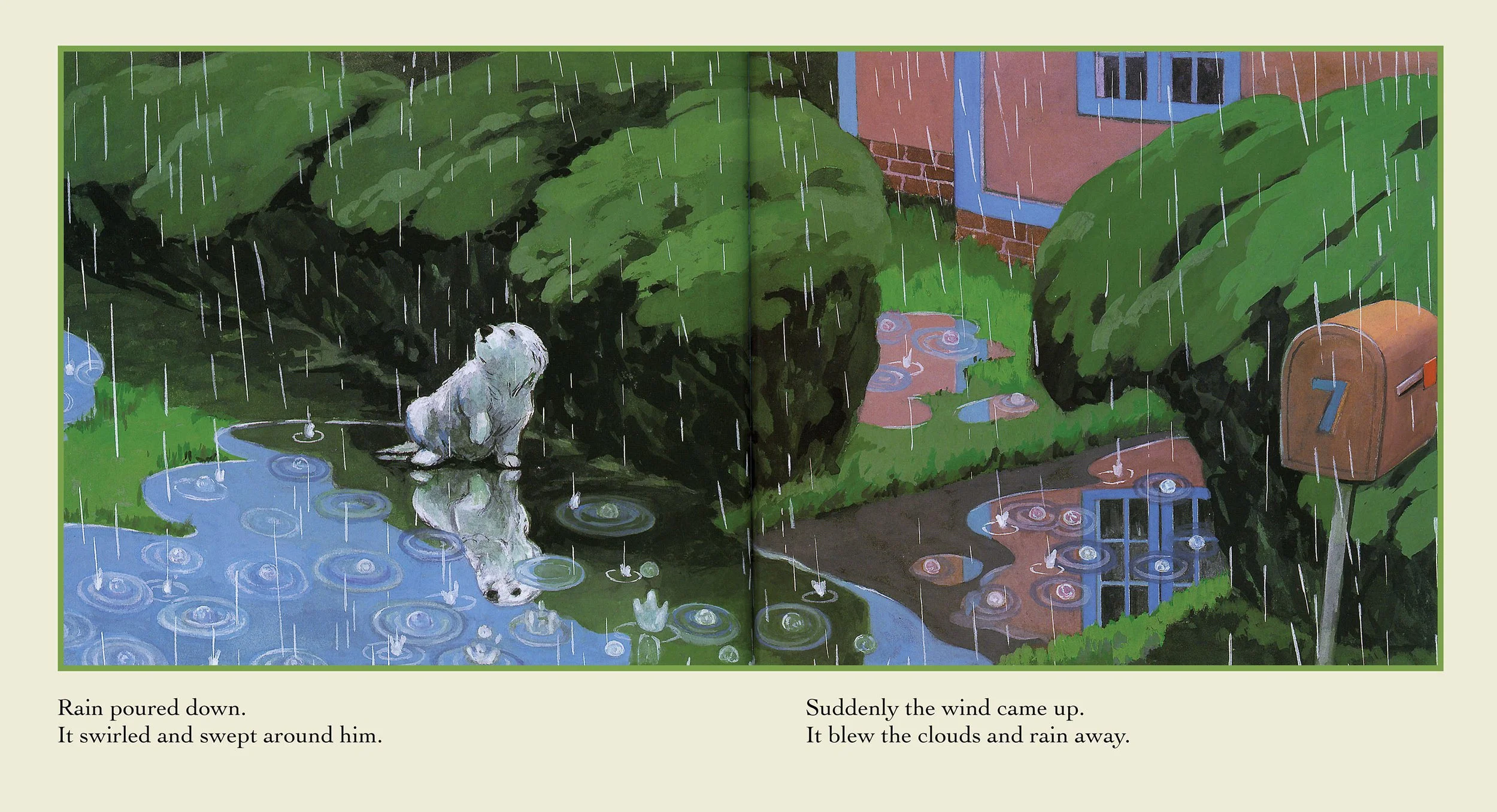 A dog sitting in a puddle during rain with trees, a house, and a mailbox in the background.