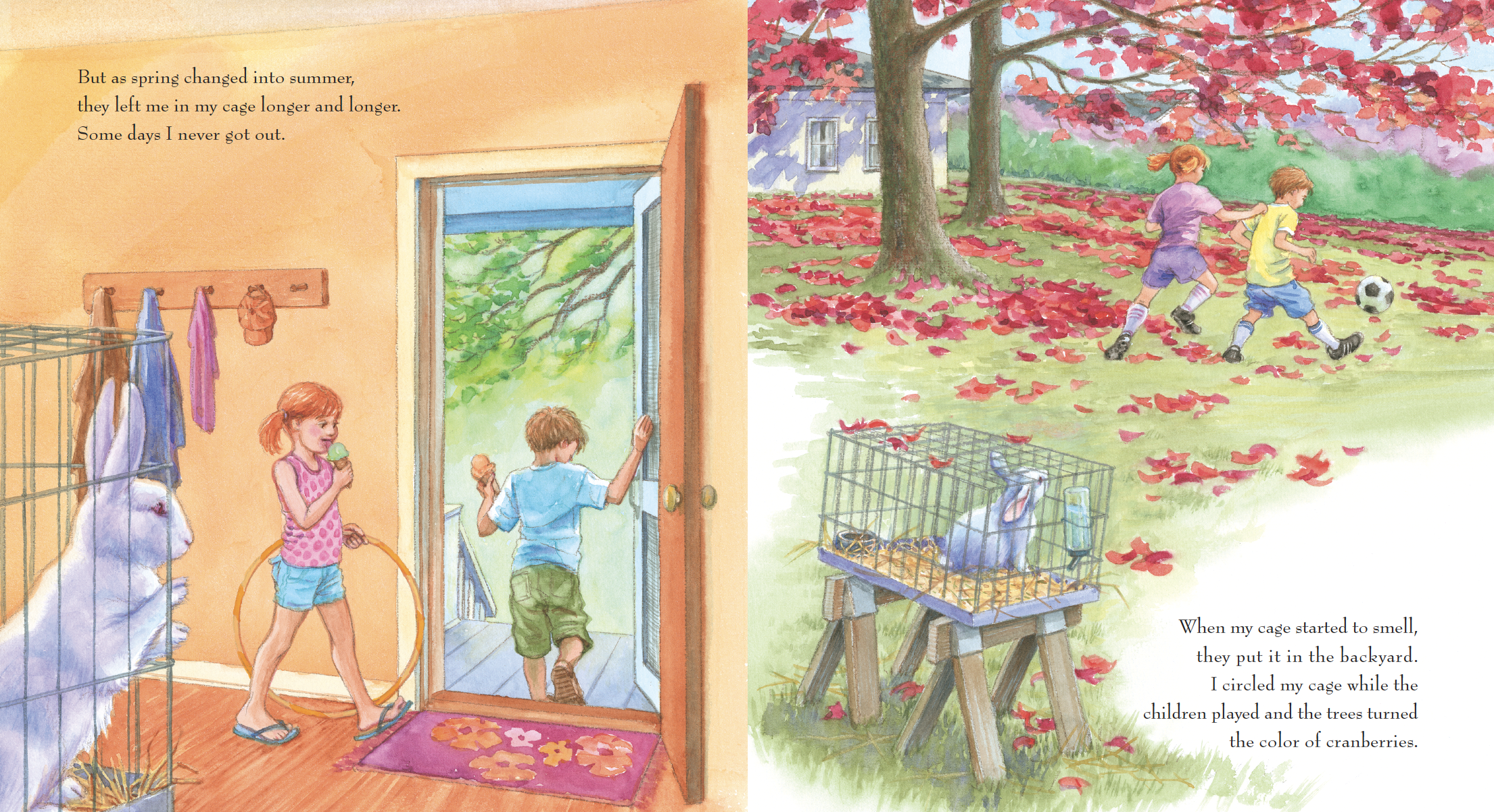 Illustration of children playing outside among red fallen leaves with trees and a house in the background, and a cage with a rabbit inside on a stand.