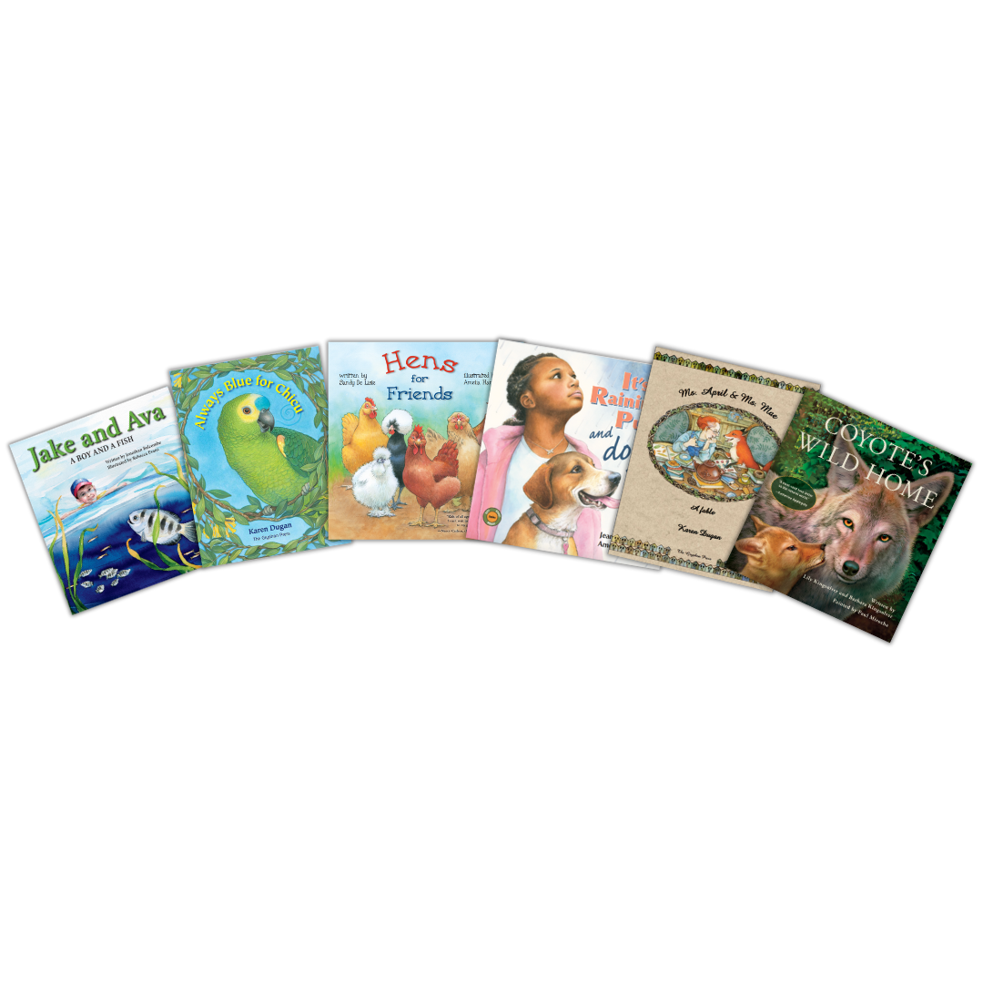 Six children's books fanned out, featuring titles about animals, friendship, and storytelling with colorful cover illustrations.