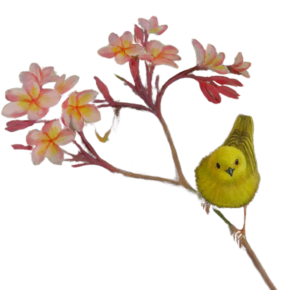 A branch with pink and yellow flowers and a small yellow bird perched on it.