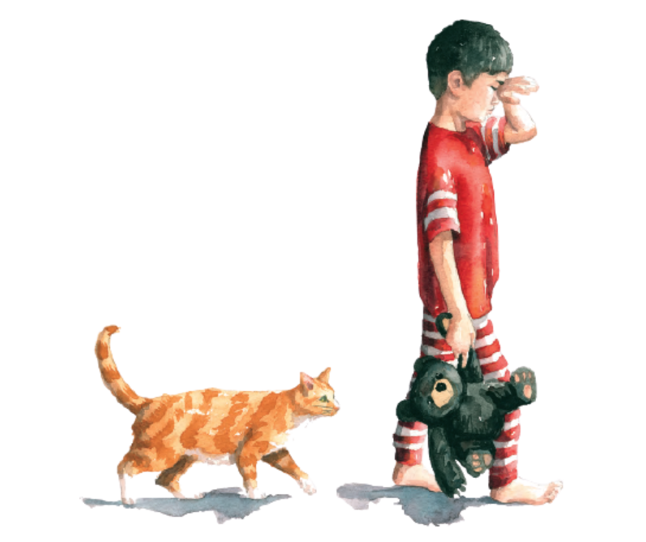 A young boy in red and white pajamas holding a teddy bear, looking down, walking barefoot next to an orange tabby cat, also walking barefoot.