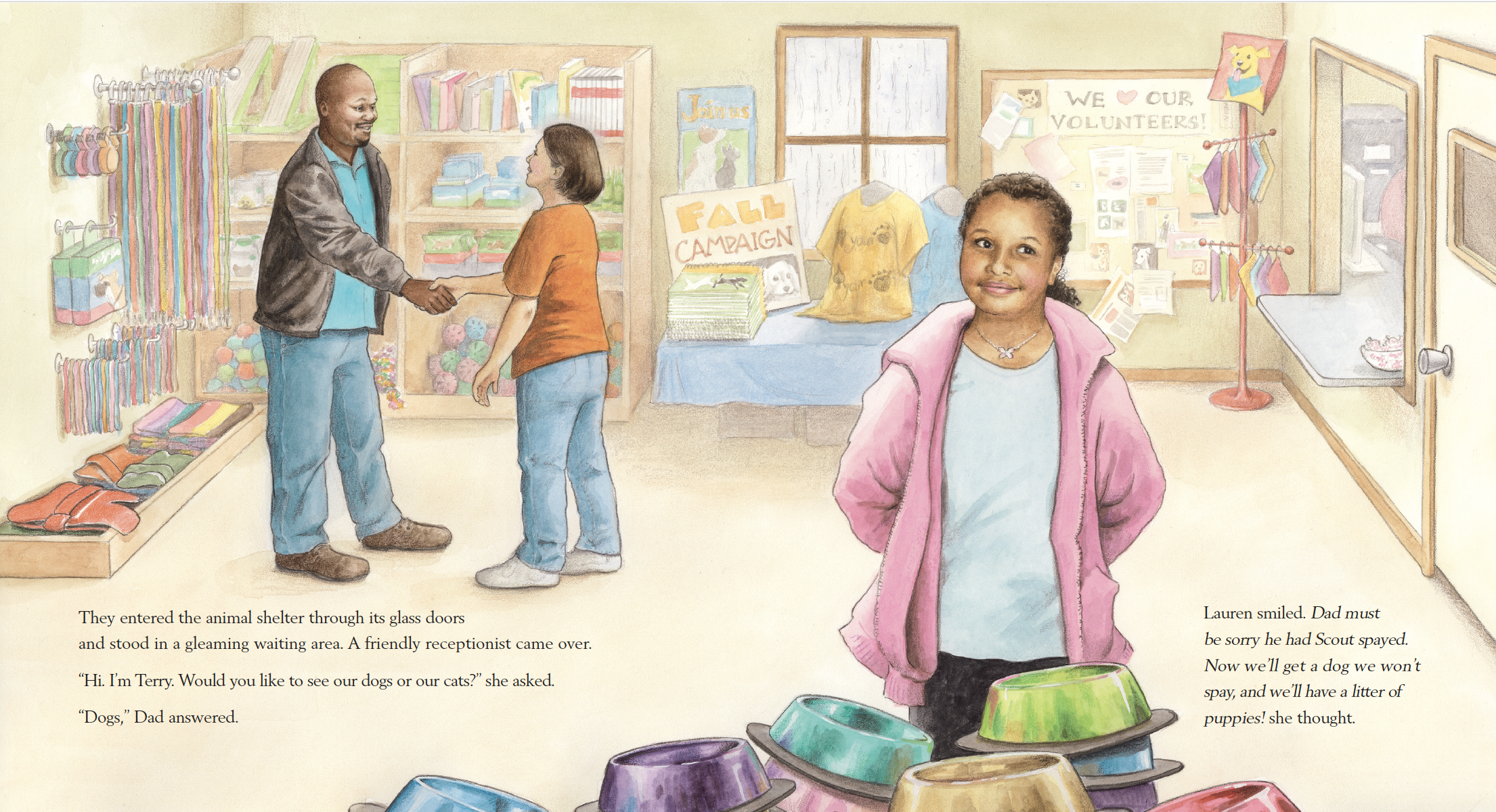 Inside of an animal shelter with a girl in a pink jacket smiling in front of a display of colorful pet food bowls. Two people, a man and a woman, shake hands in the background near shelves with supplies. The room has posters, a donation sign, and a v