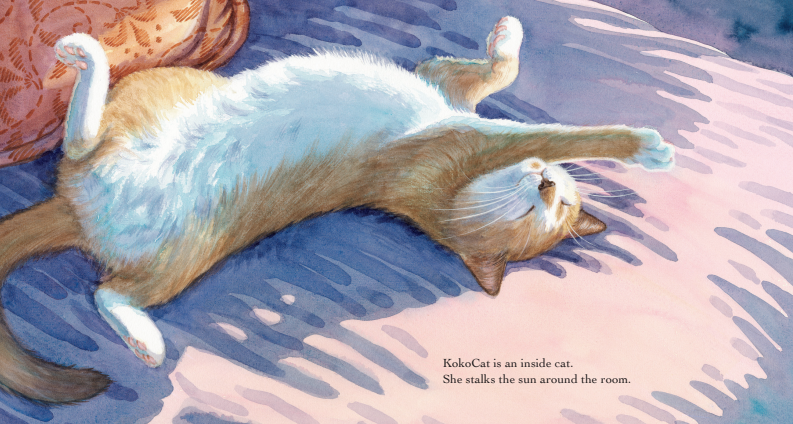 An illustration of a relaxed domestic cat lying on its back on a bed, stretching with eyes closed.