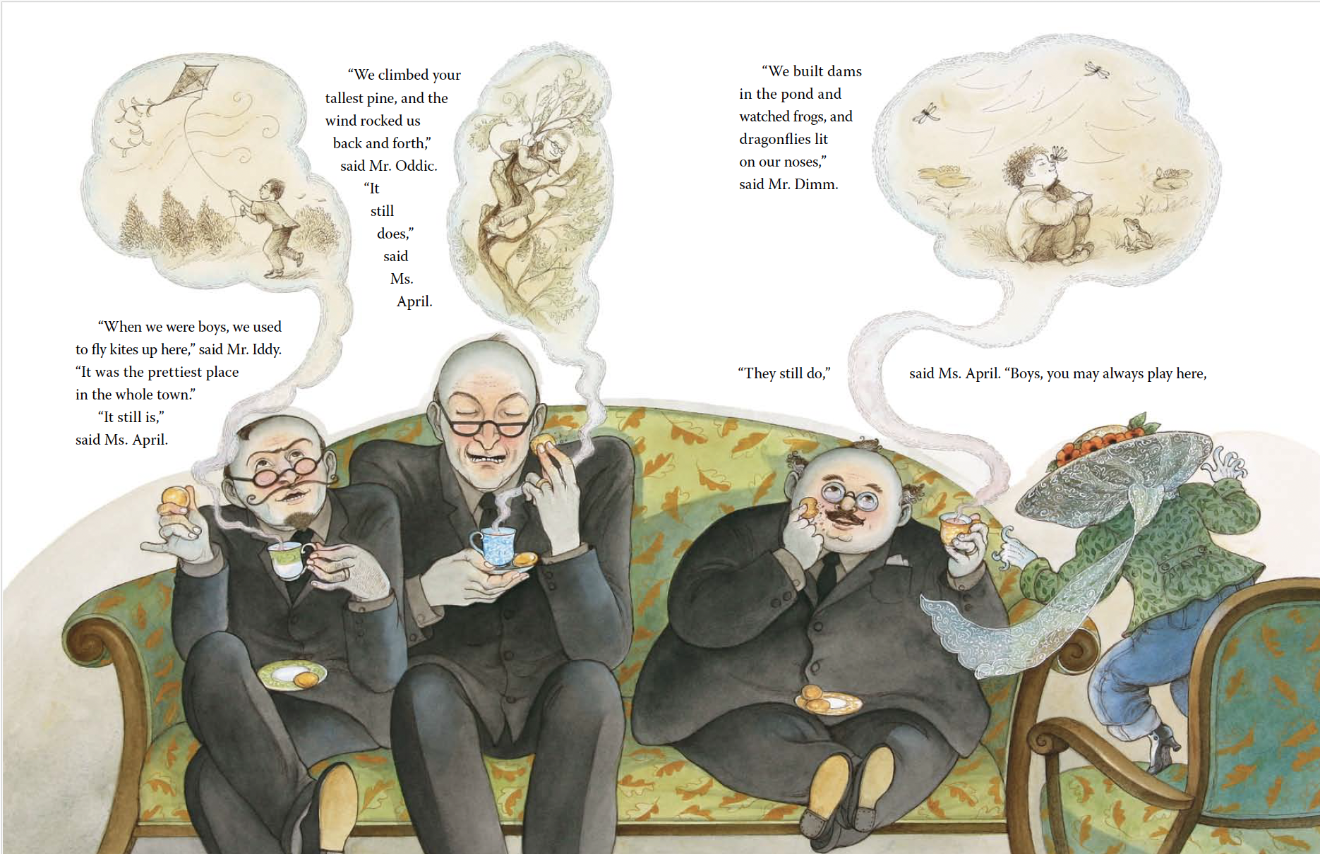 Illustration of three men sitting on a sofa, each holding a cup of tea and snacks. They are talking and have thought bubbles above their heads with images of children flying kites, climbing trees, and building dams, representing their childhood activ