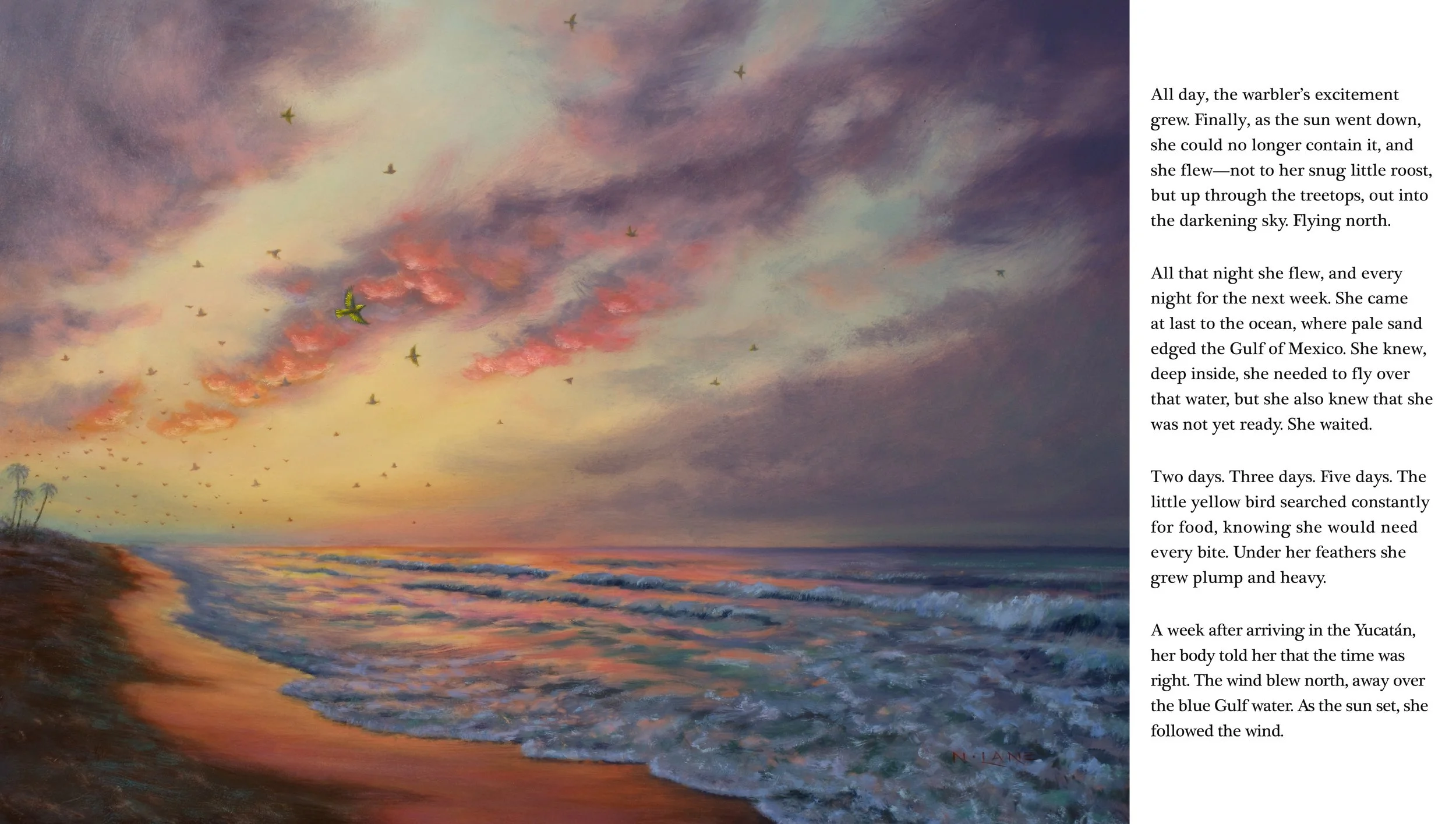 Painting of a beach at sunset with a colorful sky filled with pink, purple, and orange clouds, birds flying above the water, and waves gently crashing onto the shore.