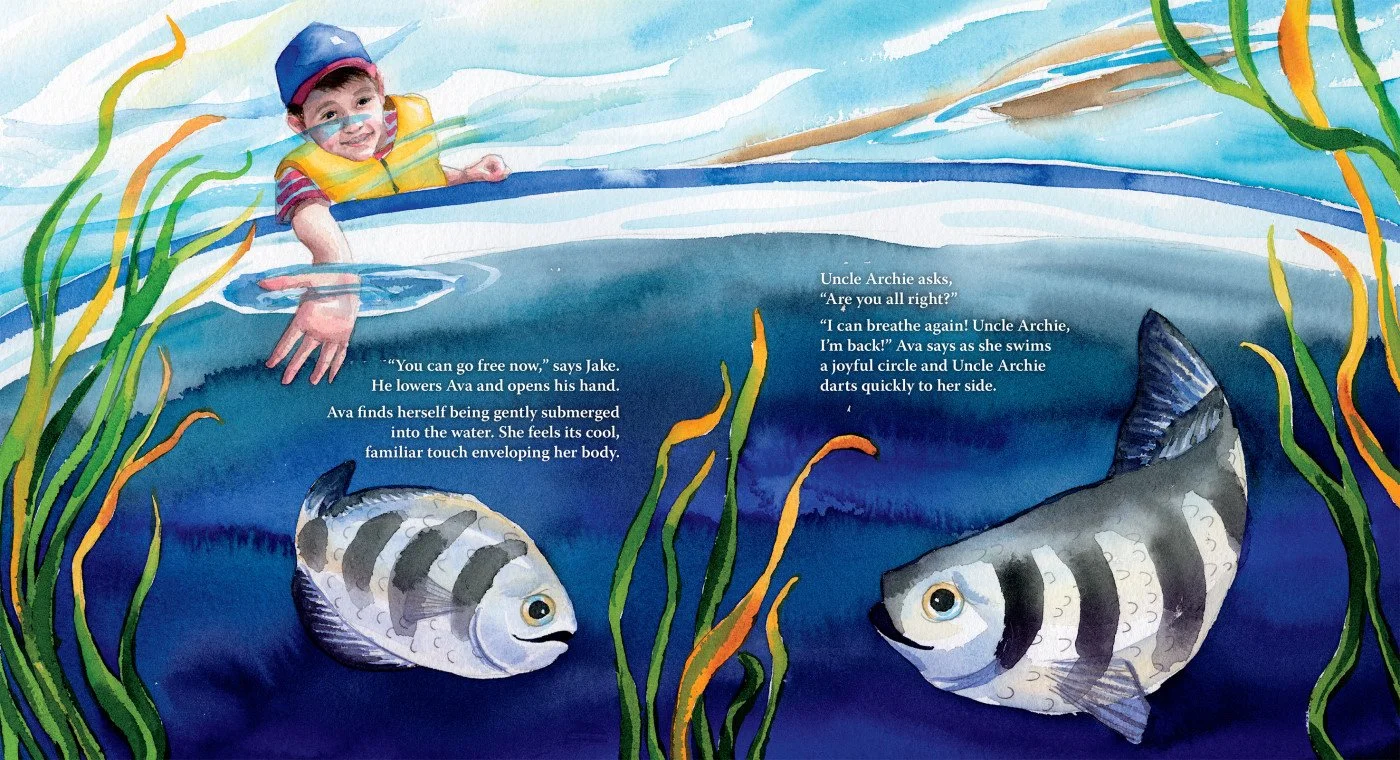 A child wearing a hat and life vest reaches into the water from a boat, with two fish swimming underwater nearby among seaweed