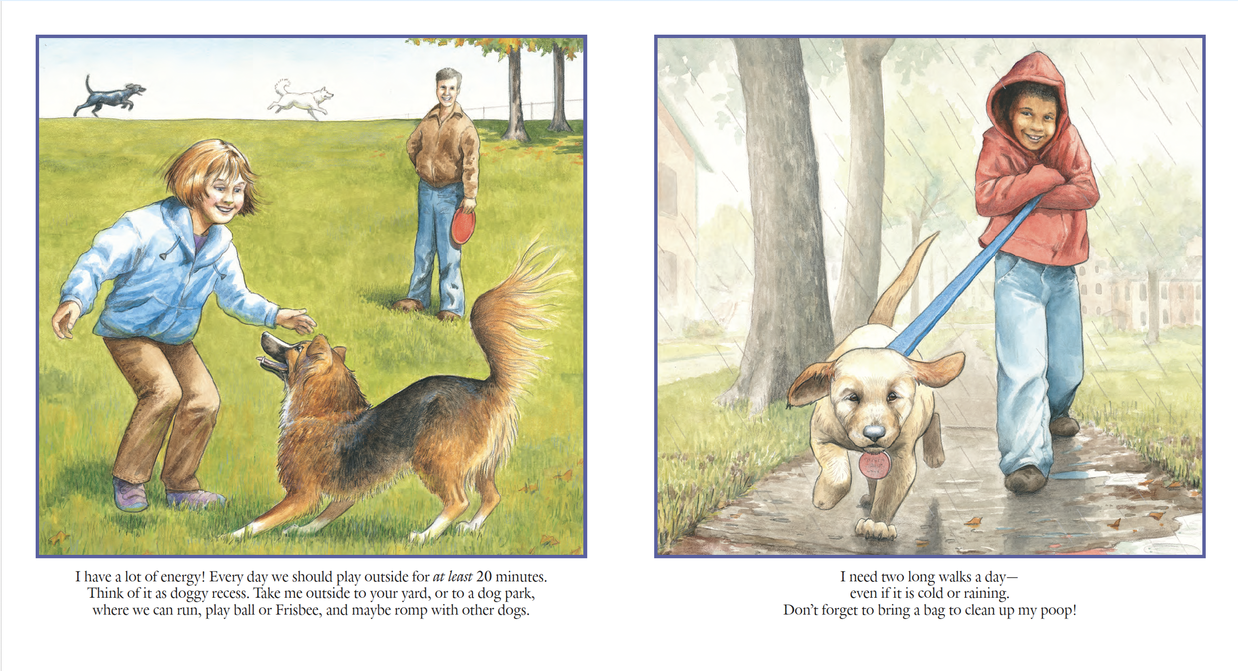 Two children walking their dogs outdoors in different weather conditions. On the left, a girl is playing with a dog in a park on a sunny day, while a boy stands nearby. On the right, a girl is walking her dog in the rain, with trees and buildings in 