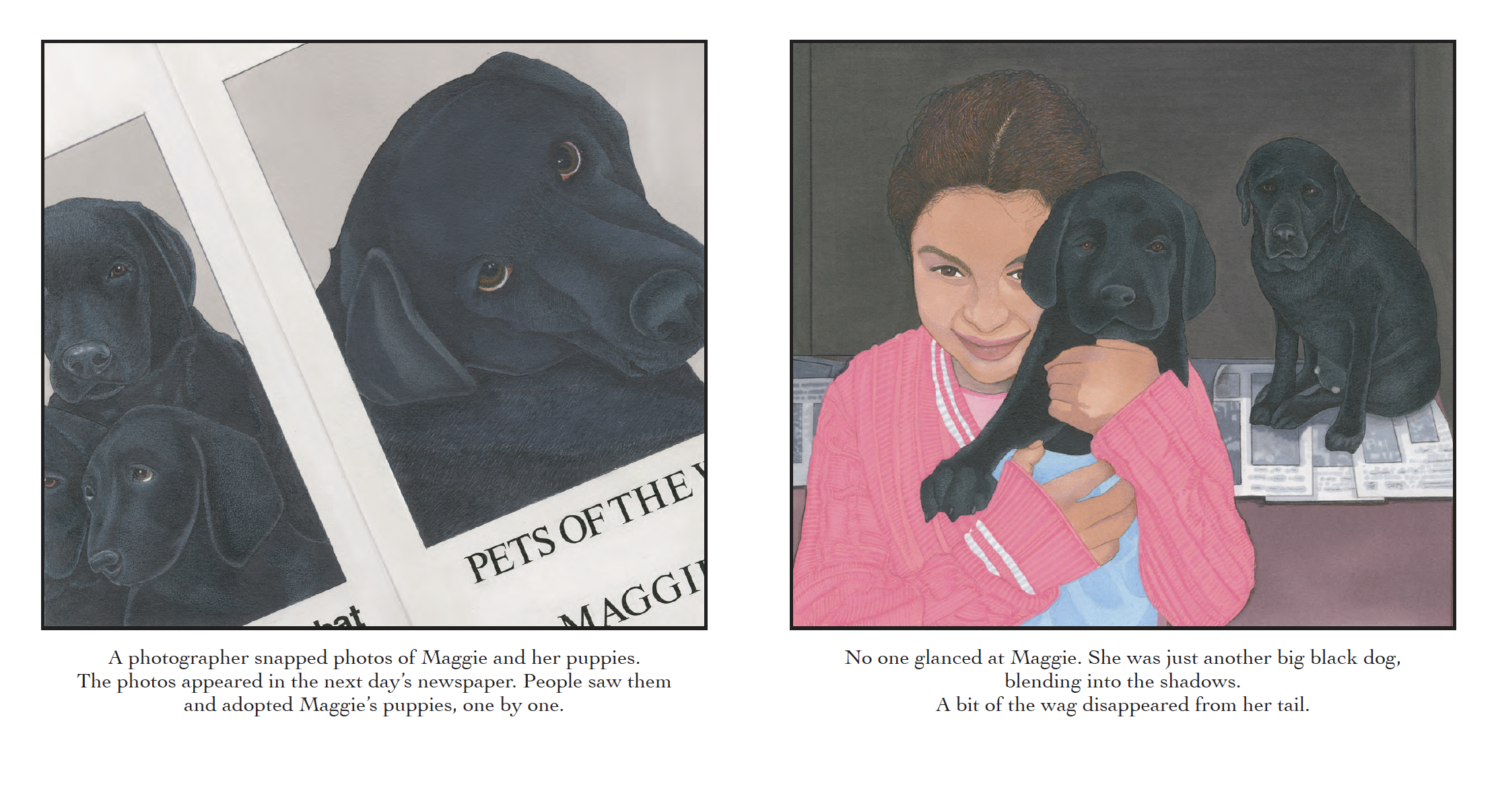 Left side: Photographs of black Labrador puppies, one with a catalog label reading "Pets of the Year." Right side: A woman in a pink sweater holding a black Labrador puppy, with another puppy sitting on a table behind her.