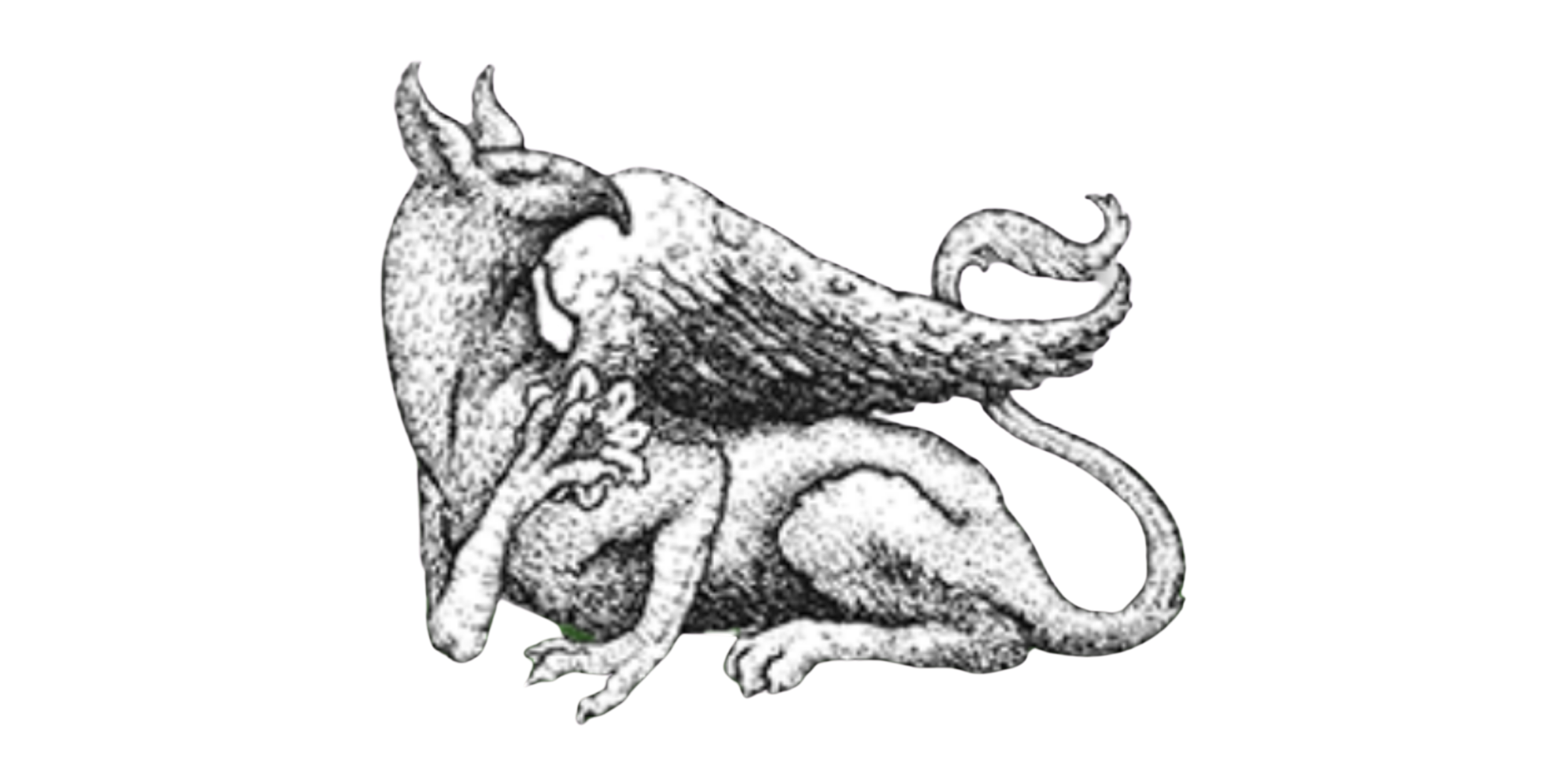 Black and white illustration of a gryphon with the body of a lion, the head of a bird, and a long tail.