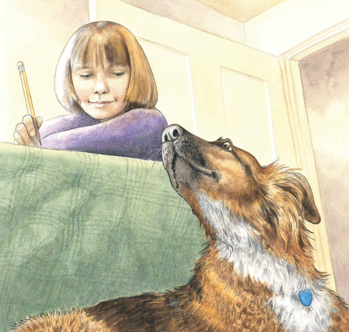 A young girl with shoulder-length brown hair and a purple shirt is sitting at a table, looking at a dog with a blue collar. The dog is looking up at the girl, with its head tilted slightly upward.
