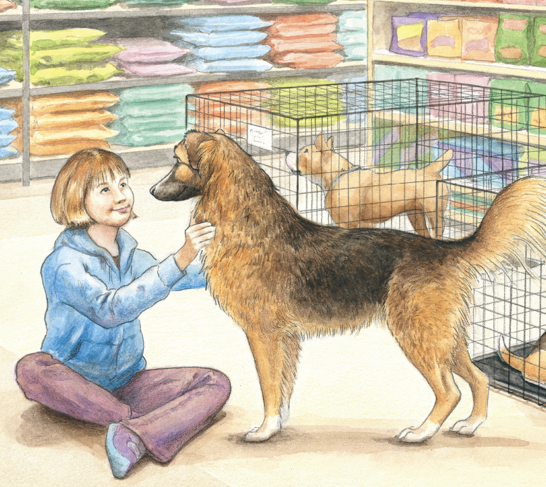 A young girl sitting on the floor petting a large, fluffy dog inside a pet store. In the background, a second dog and shelves filled with pet supplies.