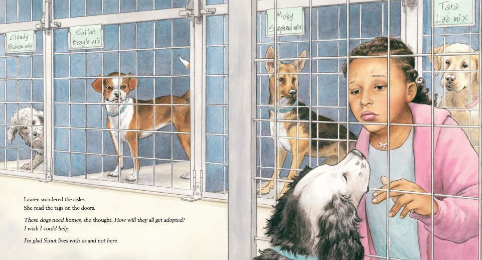 A girl with curly hair and a dog looking at each other through a cage at an animal shelter, with other dogs in the background behind similar cages, each with labels like 'Cloudy Bichon mix' and 'Moby Shepoodle mix'.
