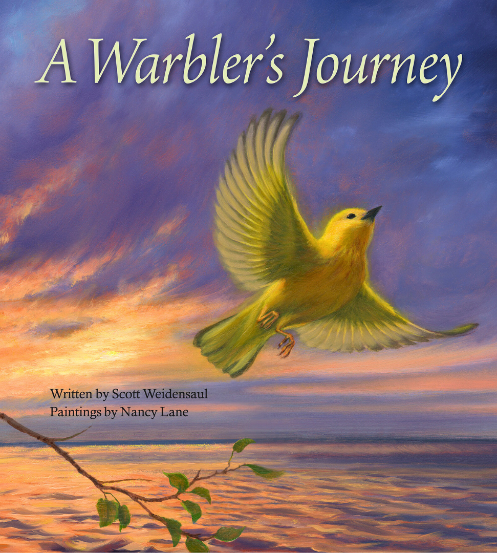 Book cover titled "A Warbler's Journey" featuring an illustration of a yellow warbler flying in front of a colorful sunset over a body of water, with a branch with green leaves in the foreground.