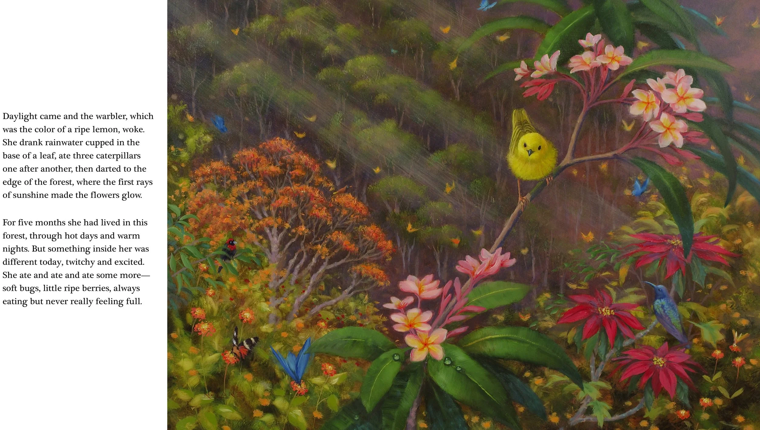 Colorful painting of a lush forest scene with various flowers, leaves, and small birds, including a yellow bird, a blue bird, and a red bird, among vibrant pink, red, yellow, and blue flowers with scattered butterflies.