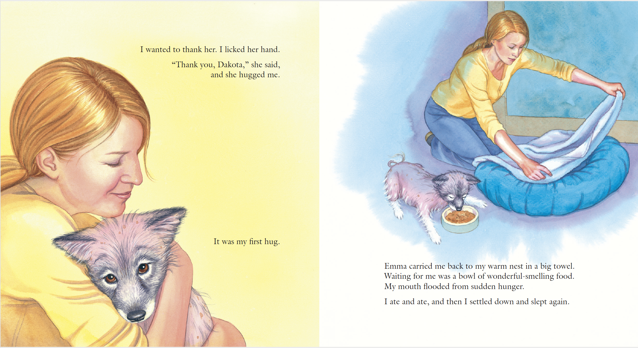 An illustration of a woman hugging a small dog with its head on her shoulder, holding its paw. She has red hair and is wearing a yellow shirt. On the right side, the woman is sitting on the floor, folding a blanket next to the dog and a bowl of food.