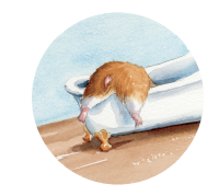 A small hamster with brown and white fur peeking over a windowsill, looking outside.