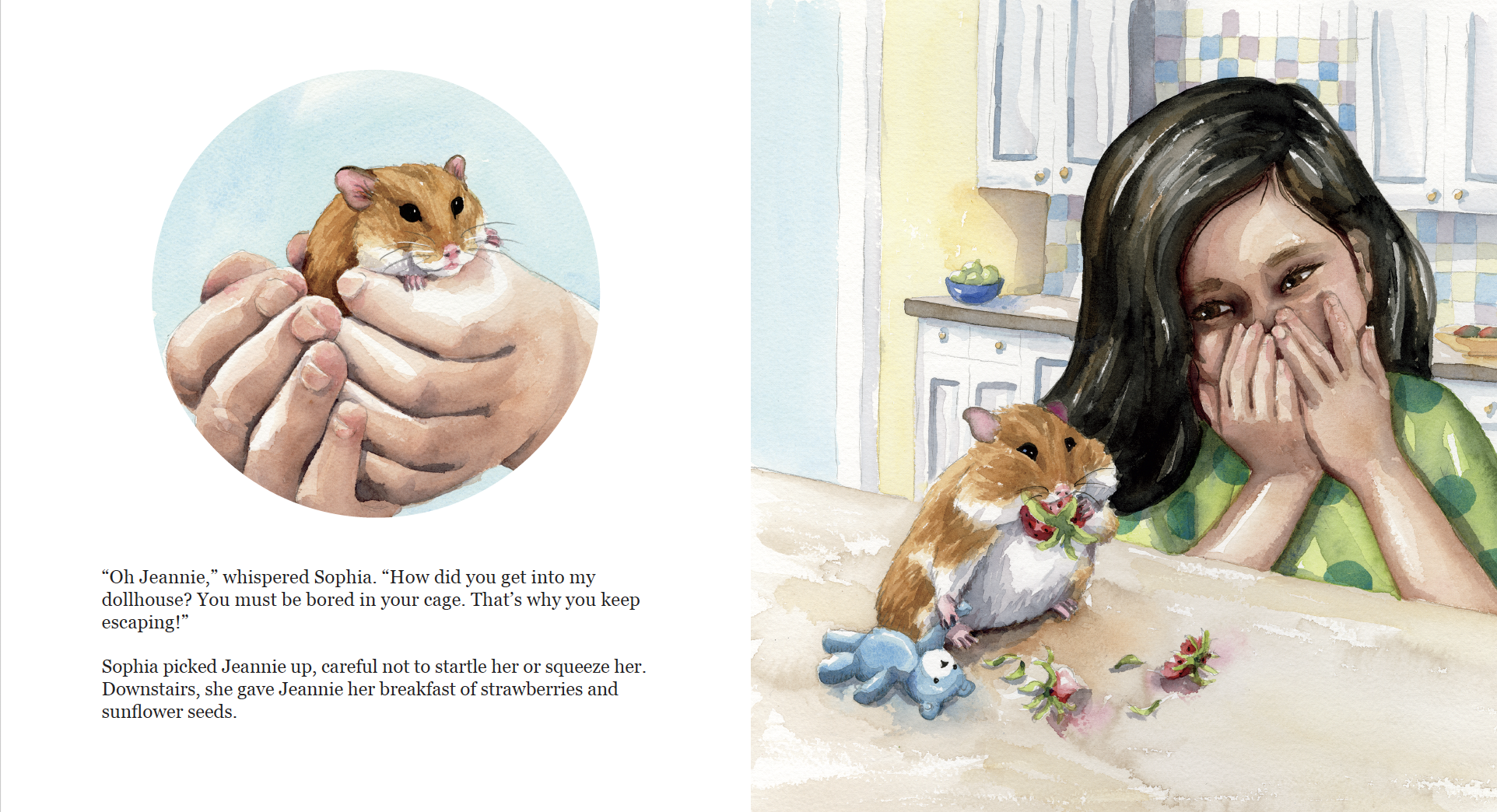 A young girl with dark hair, wearing a green shirt, covers her mouth in surprise while a hamster stands on a table beside her, holding a small green toy, with scattered strawberries and sunflower seeds on the table. In an inset, a hamster is gently h