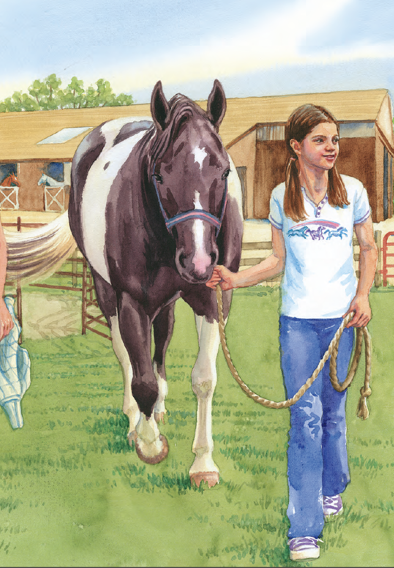 A girl with brown hair and a white T-shirt walking a black and white horse on a farm, with a barn in the background.